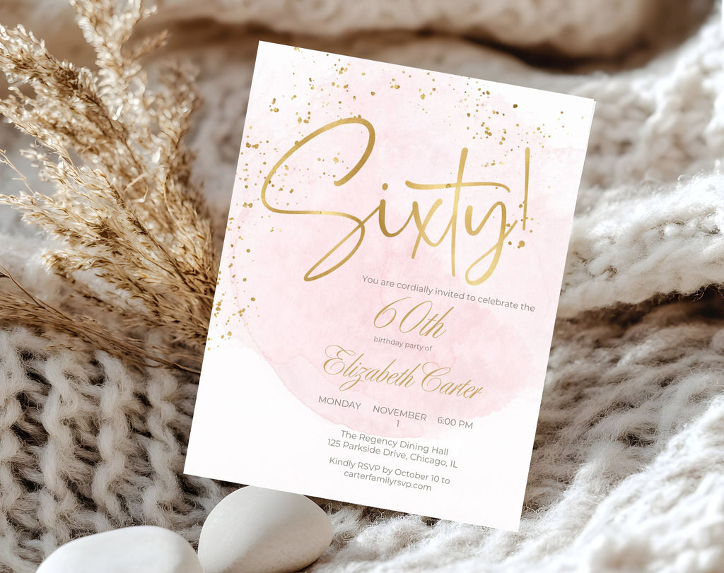 Elegant Blush Pink Golden 60th Birthday Invitation