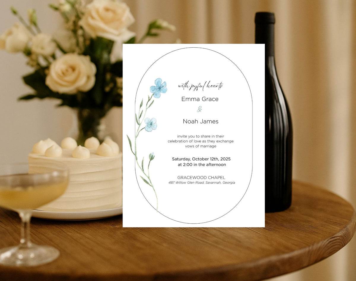 Blue Wildflower Wedding Invitation Template | Editable Minimalist Floral Wedding Invite