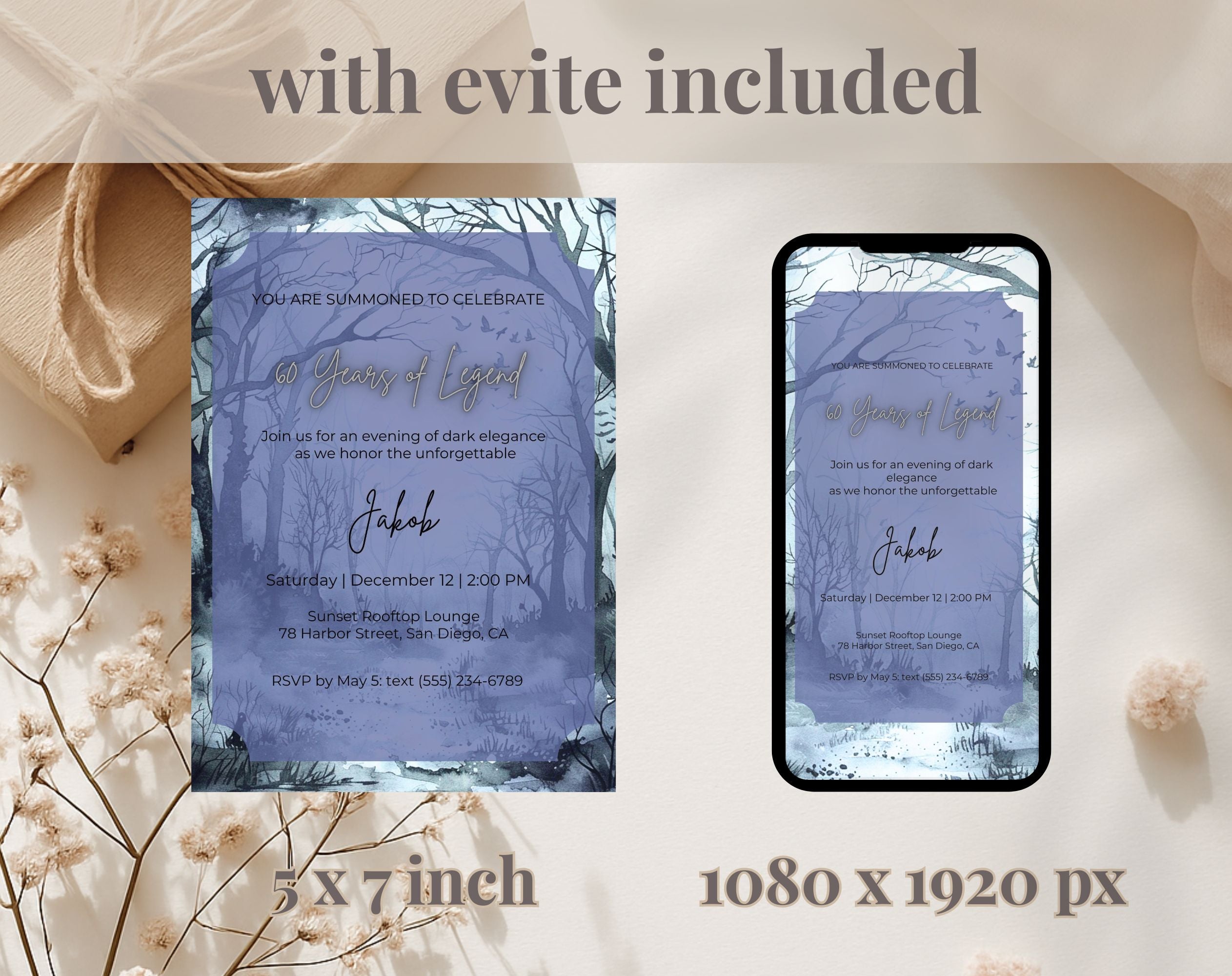 Blue Gothic 60th Birthday Invitation