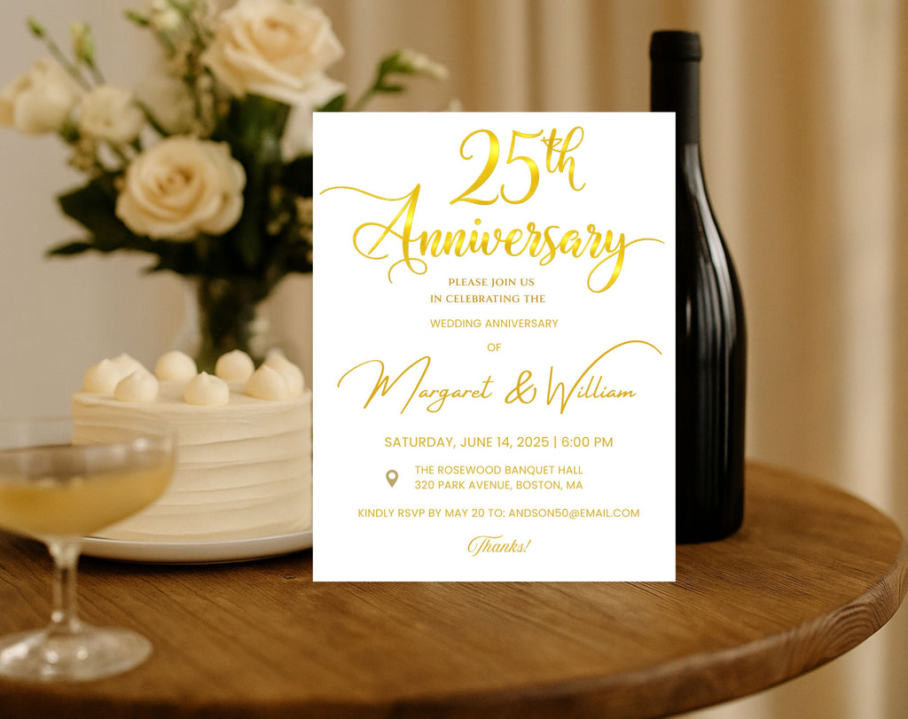 Golden 25th  Wedding Anniversary Invite White Gold