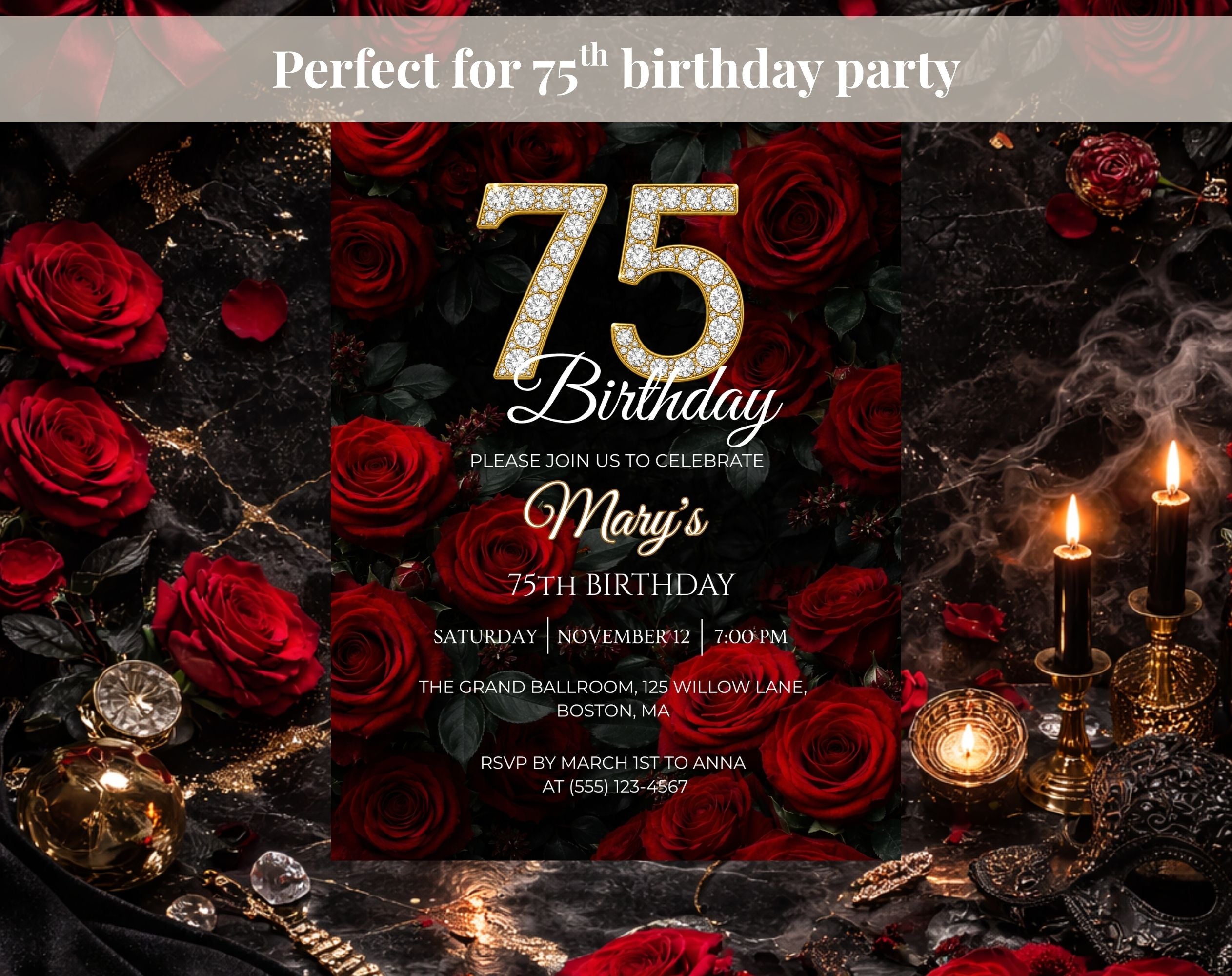 Luxury Red Rose 75th Birthday Invitation