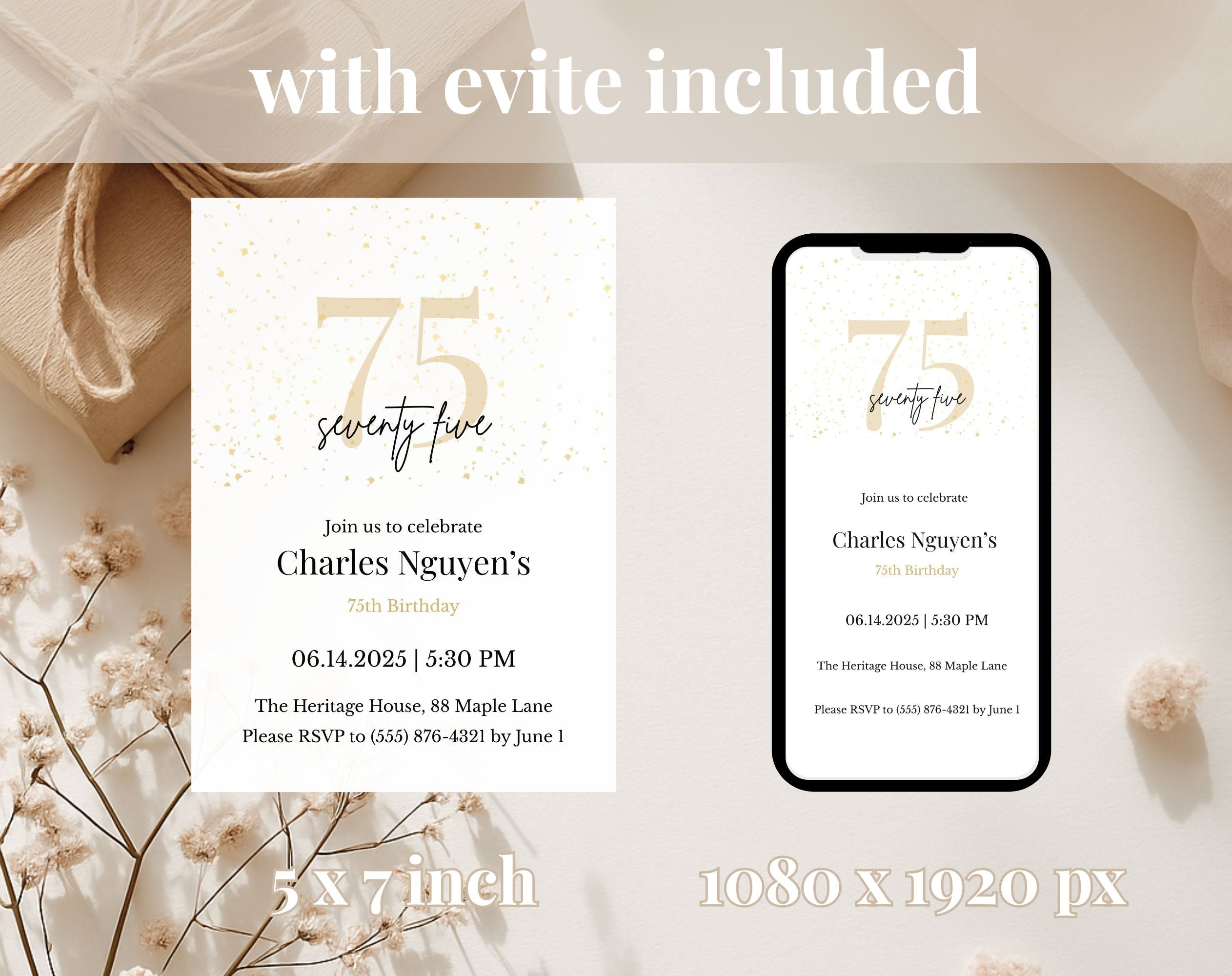 Elegant Gold 75th Birthday Invitation