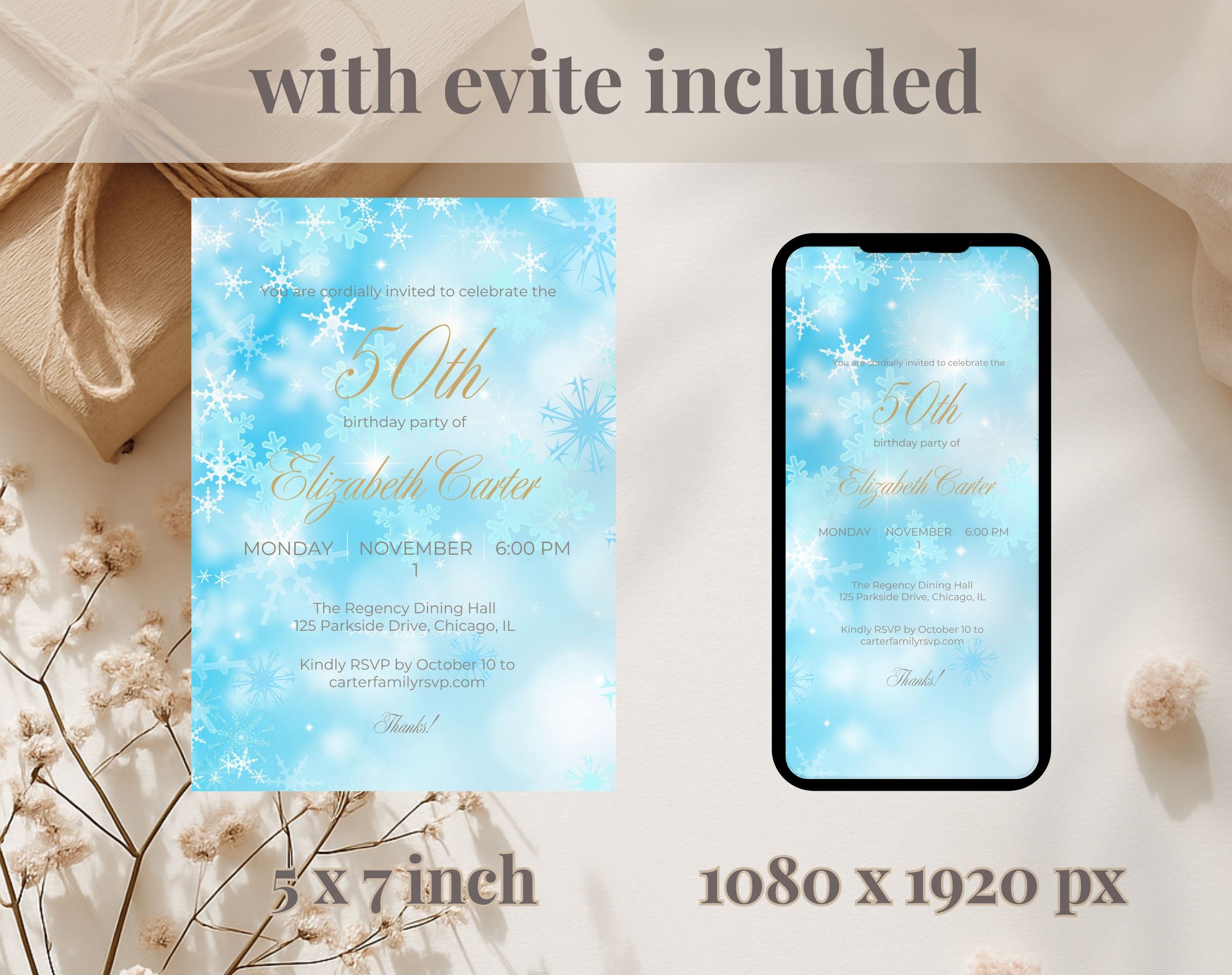 Winter Birthday Invitation Blue Snowflake 50th Party Invite Editable Template Evite Instant Download