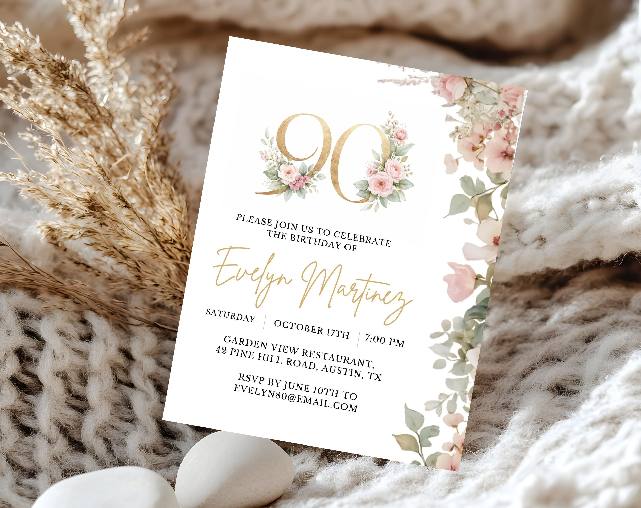 Blush Pink and Gold Floral 90th Birthday Invitation