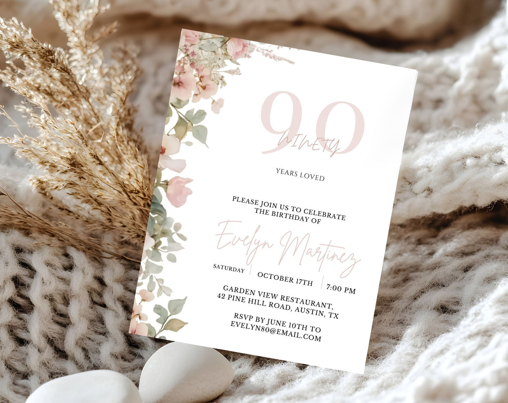 Blush Pink and Green Floral  90th Birthday Invitation