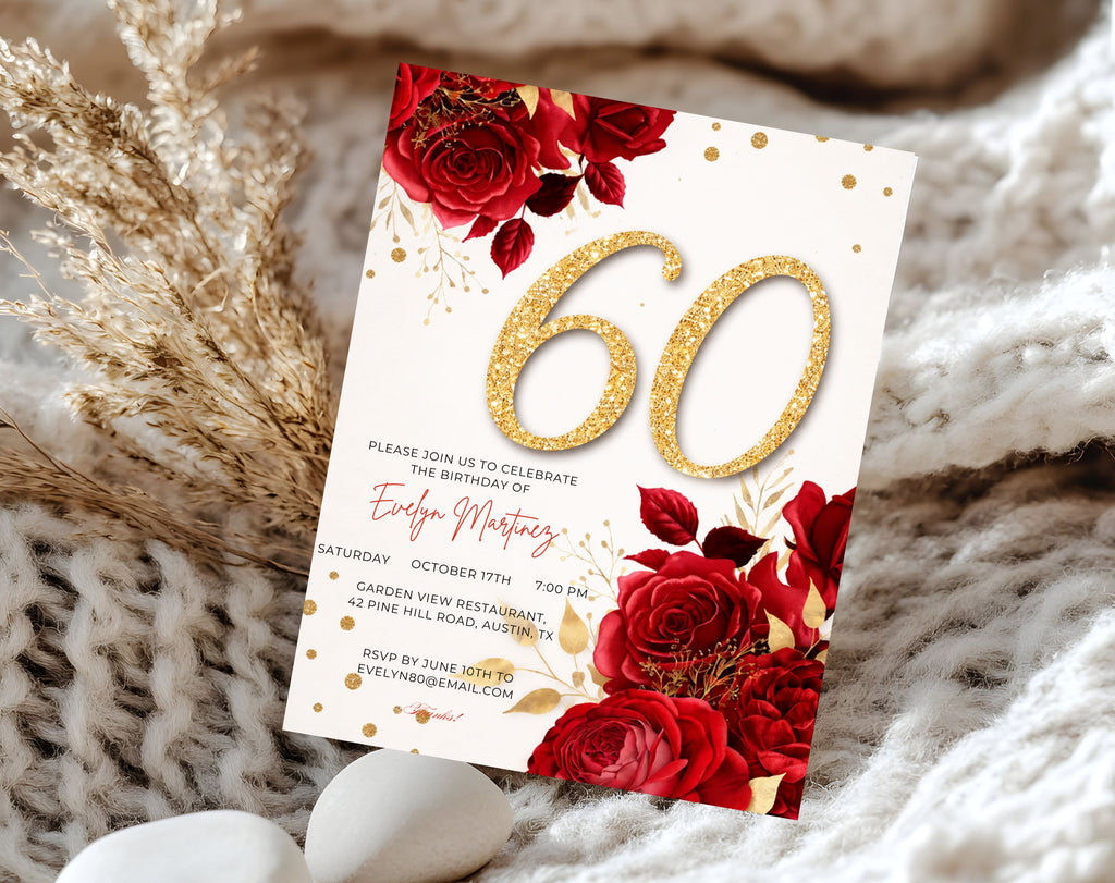 Elegant red golden 60th Birthday Invitation