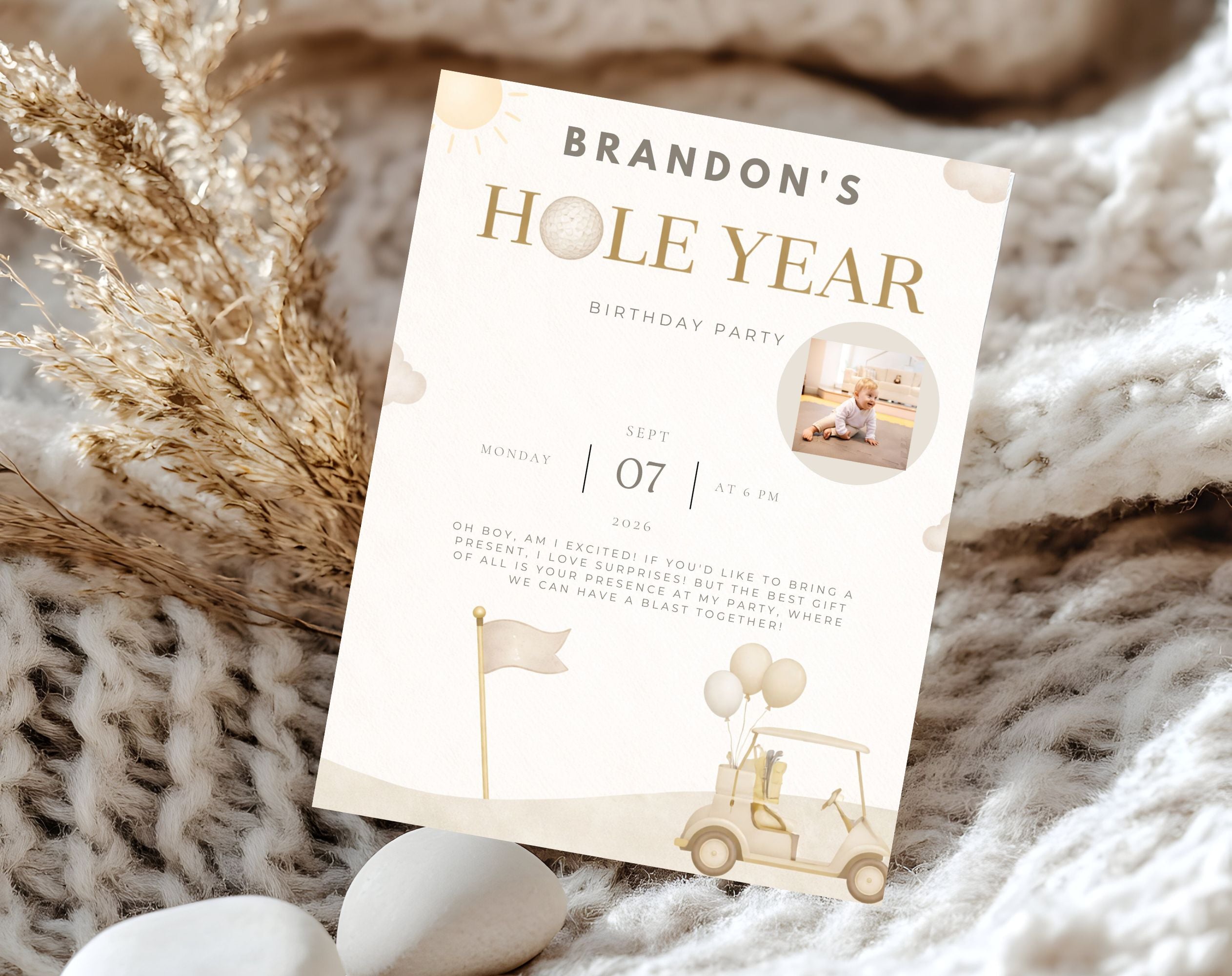 Beige and Gold Golf First Birthday Invitation