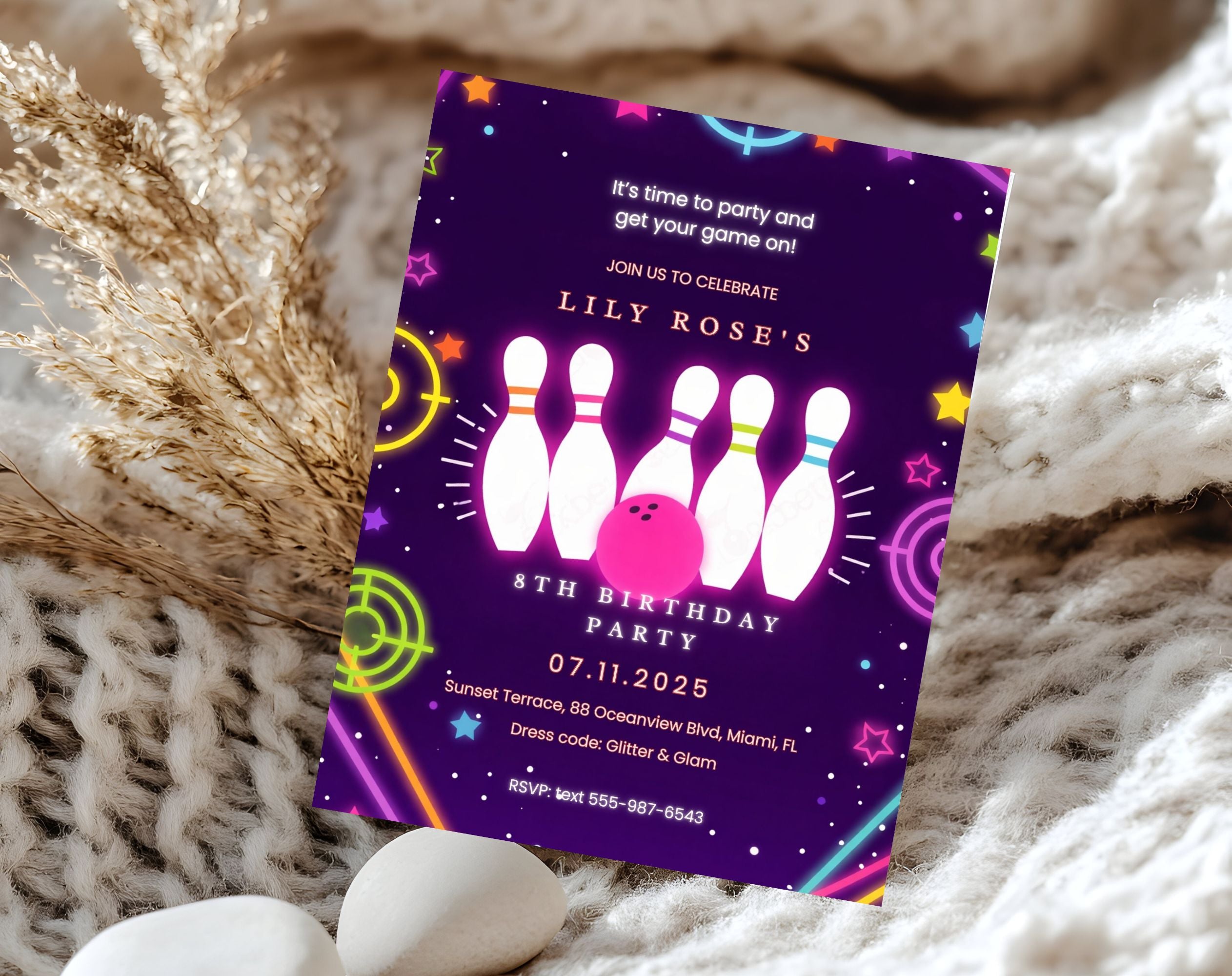 Purple Neon Bowling 8th Birthday Invitation