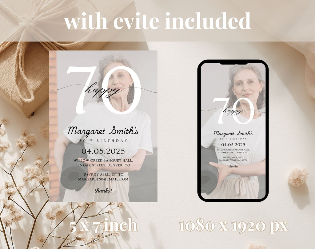 Photo Beige Minimalist 70th Birthday Invitation
