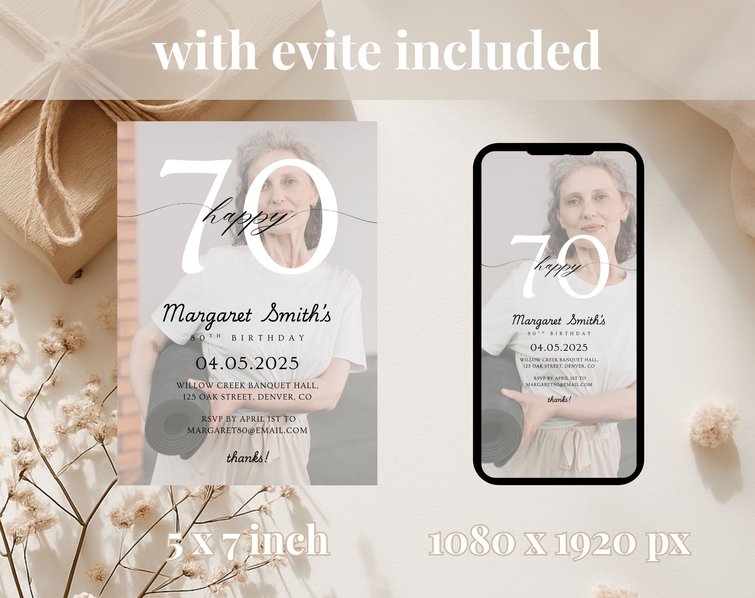 Photo Beige Minimalist 70th Birthday Invitation