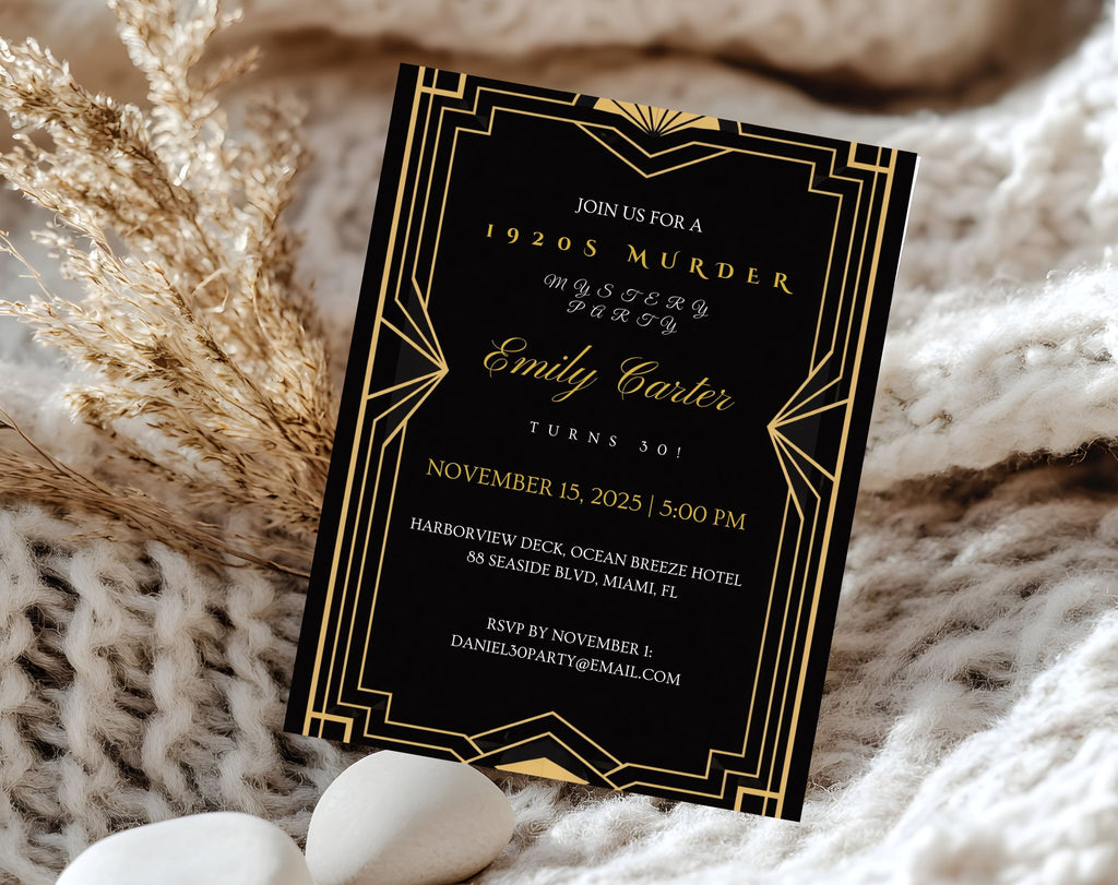 Black and Gold 1920s Murder Mystery 30th Birthday Invitation