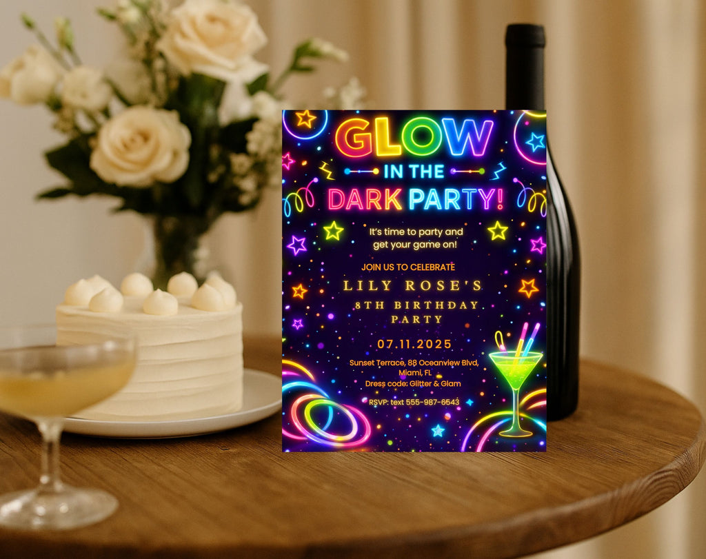 Neon Glow 8th Birthday Invitation