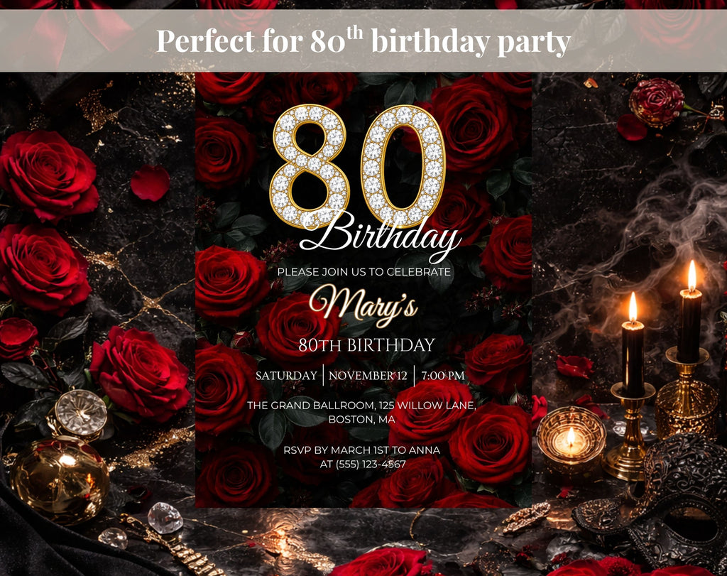 Luxury Red Rose 80th Birthday Invitation