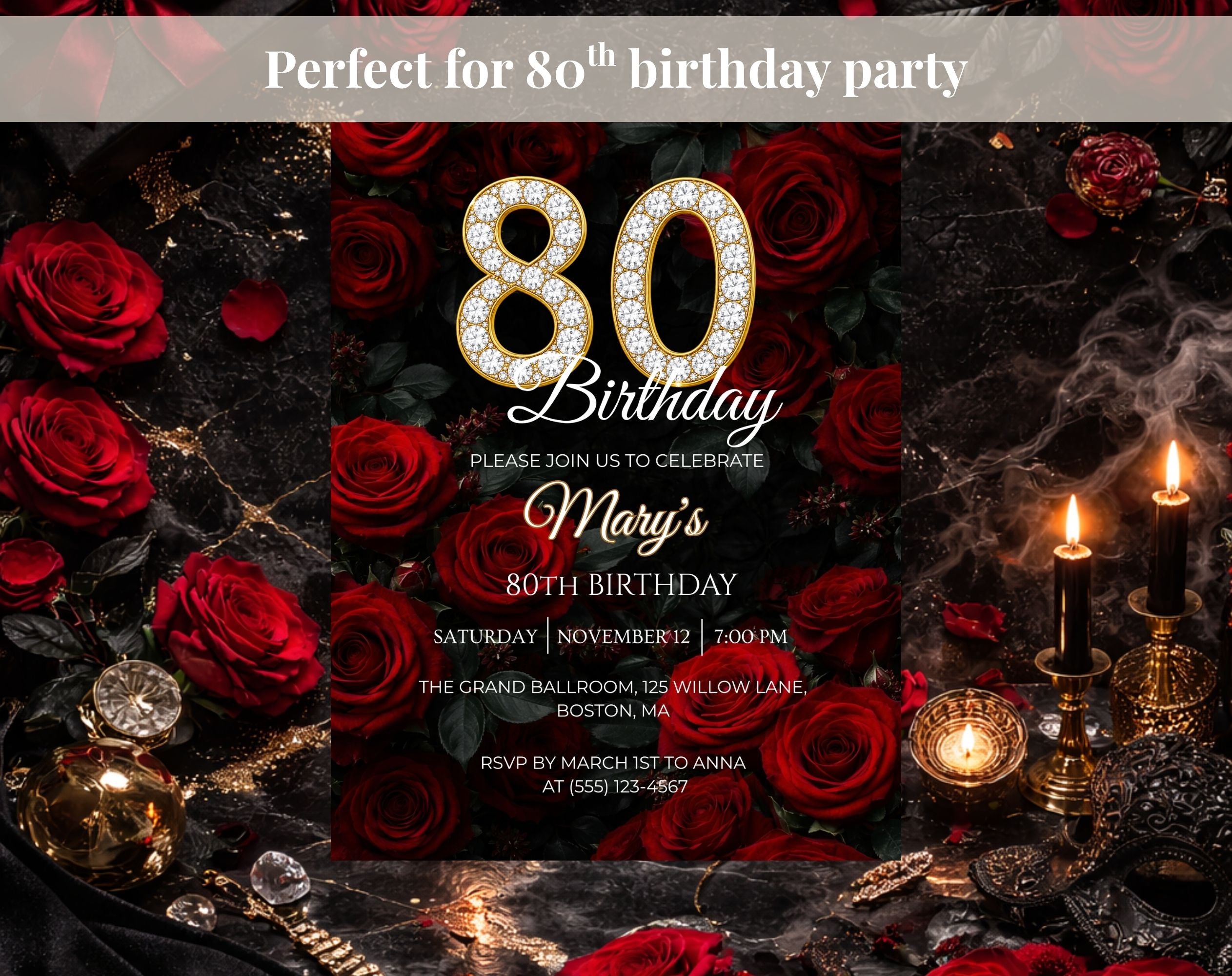 Luxury Red Rose 80th Birthday Invitation
