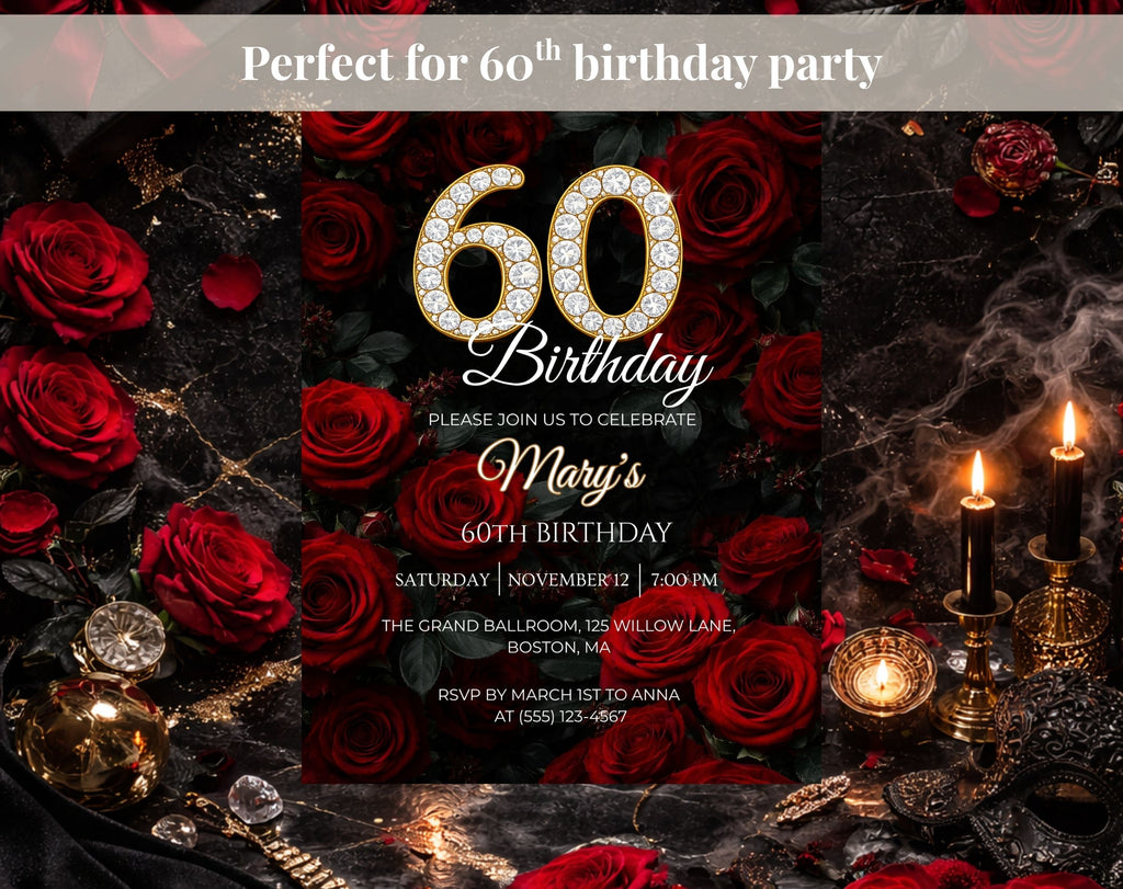 Luxury Red Rose 60th Birthday Invitation