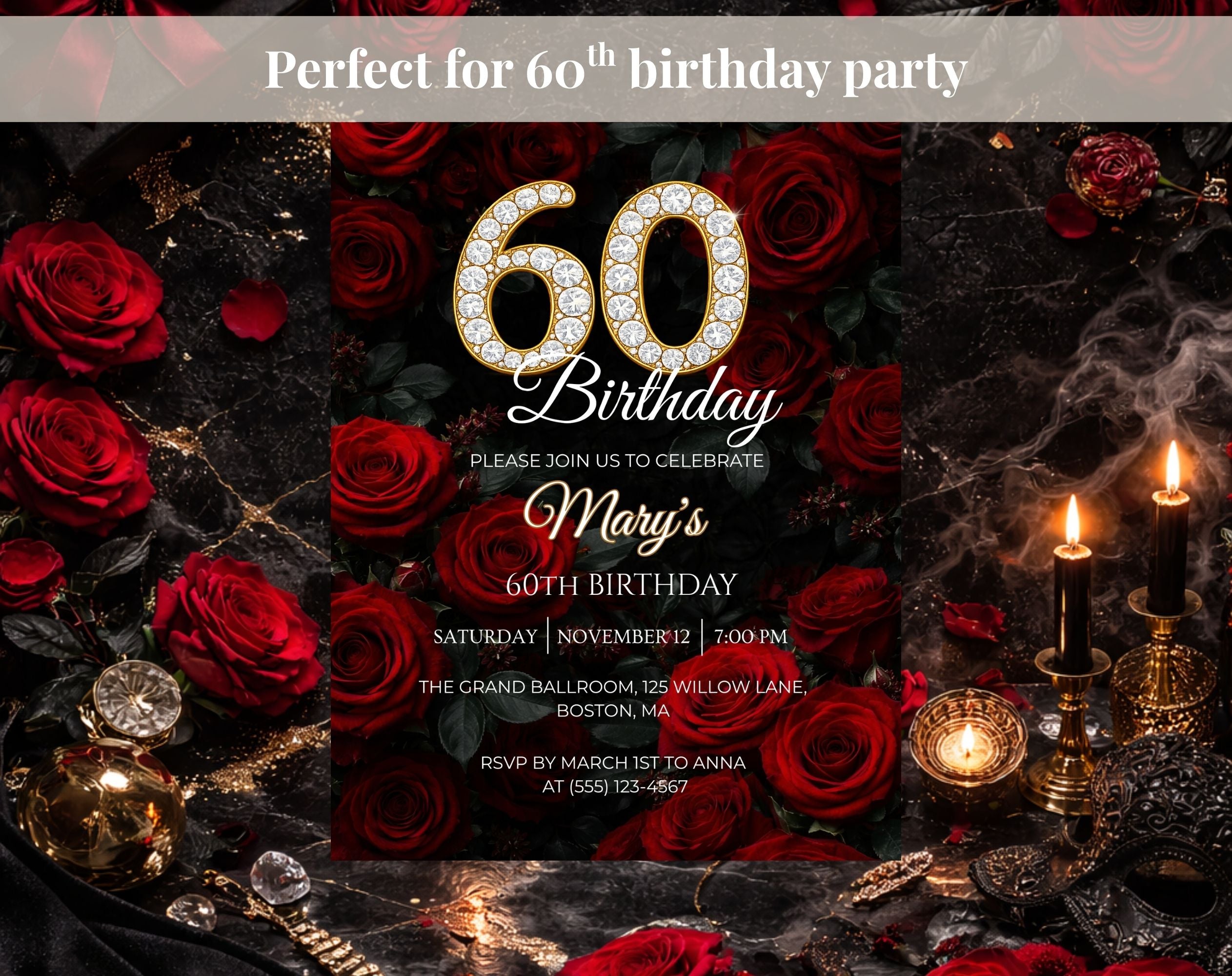 Luxury Red Rose 60th Birthday Invitation