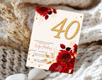 Elegant red rose golden 40th Birthday Invitation