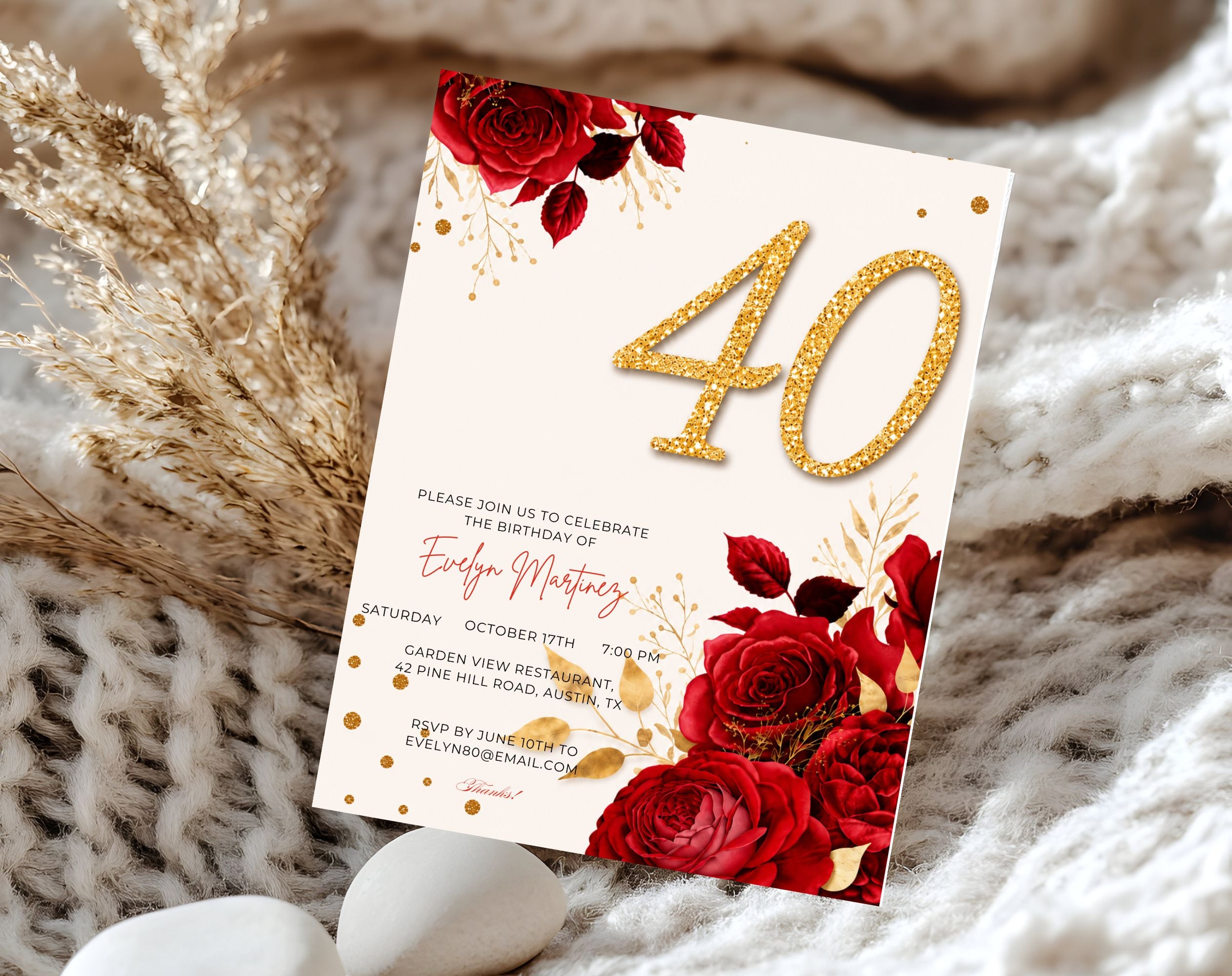 Elegant red rose golden 40th Birthday Invitation