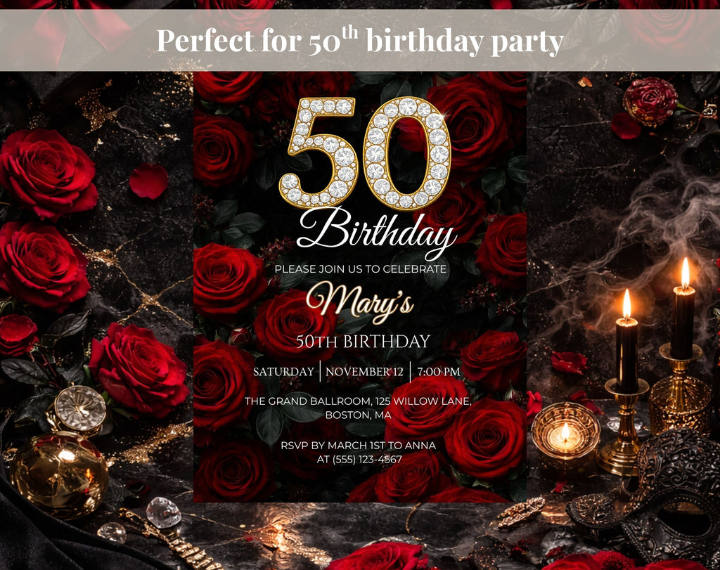 Luxury Red Rose 50th Birthday Invitation