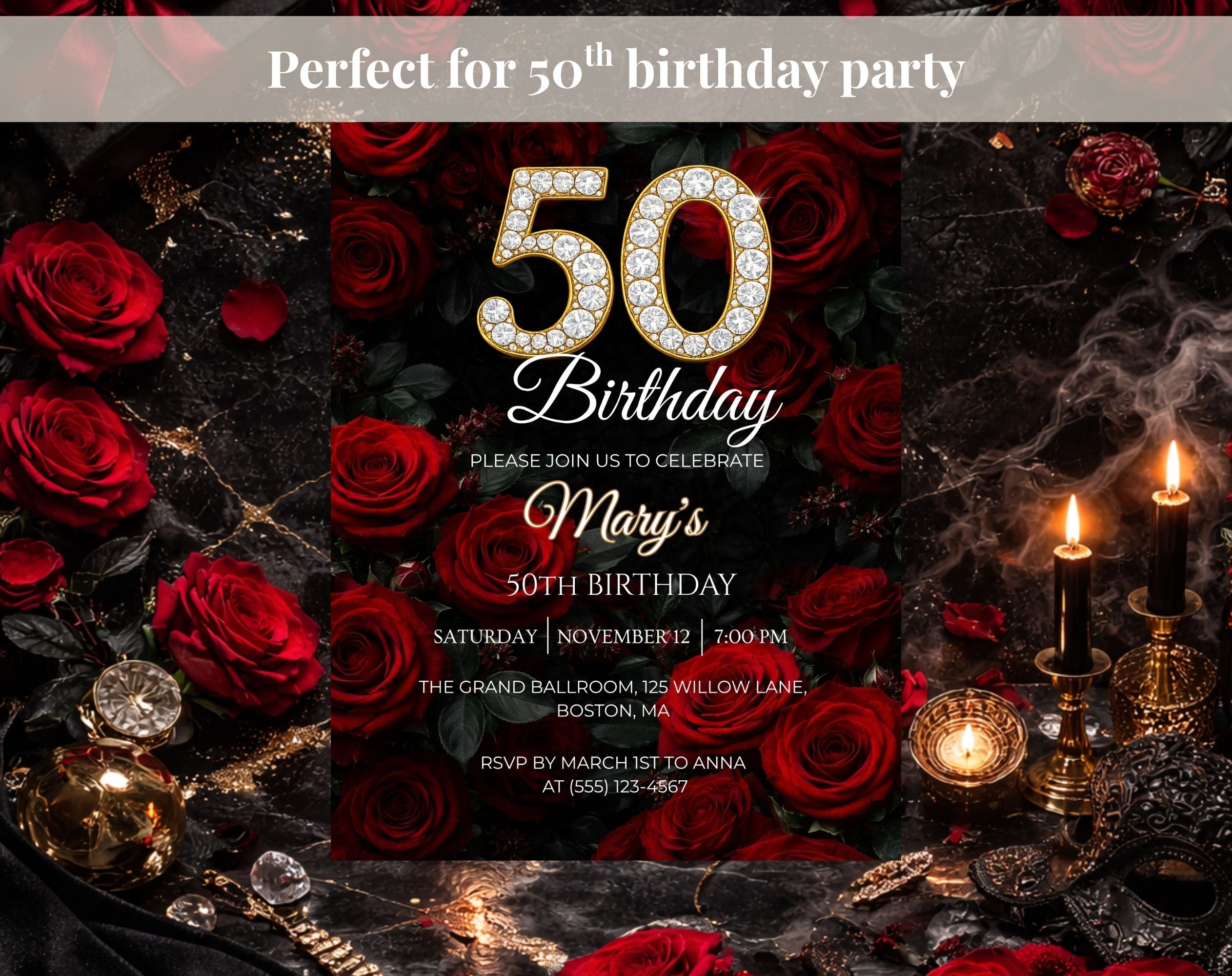 Luxury Red Rose 50th Birthday Invitation