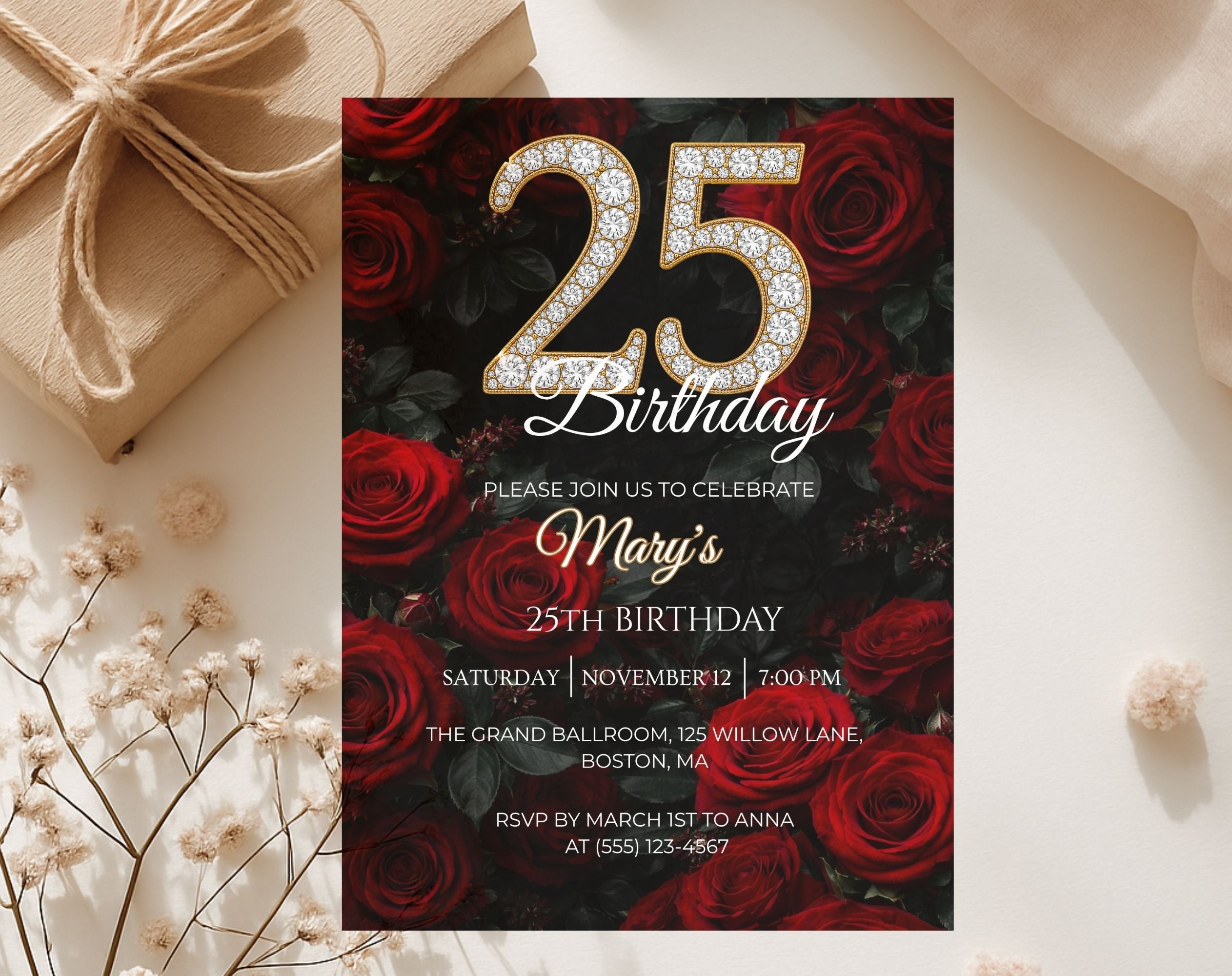 Elegant Red Rose 25th birthday invitation