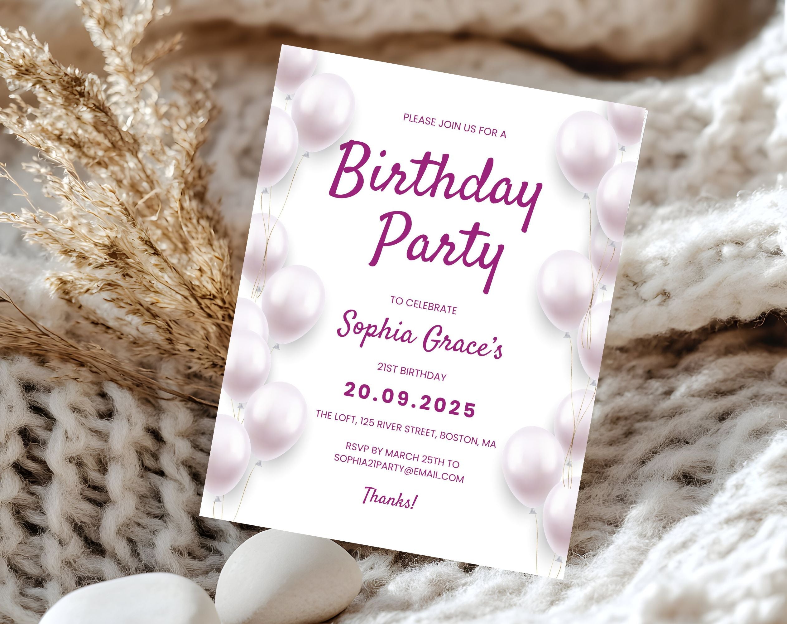 Elegant 2 Pink and White 21st Birthday Invitation