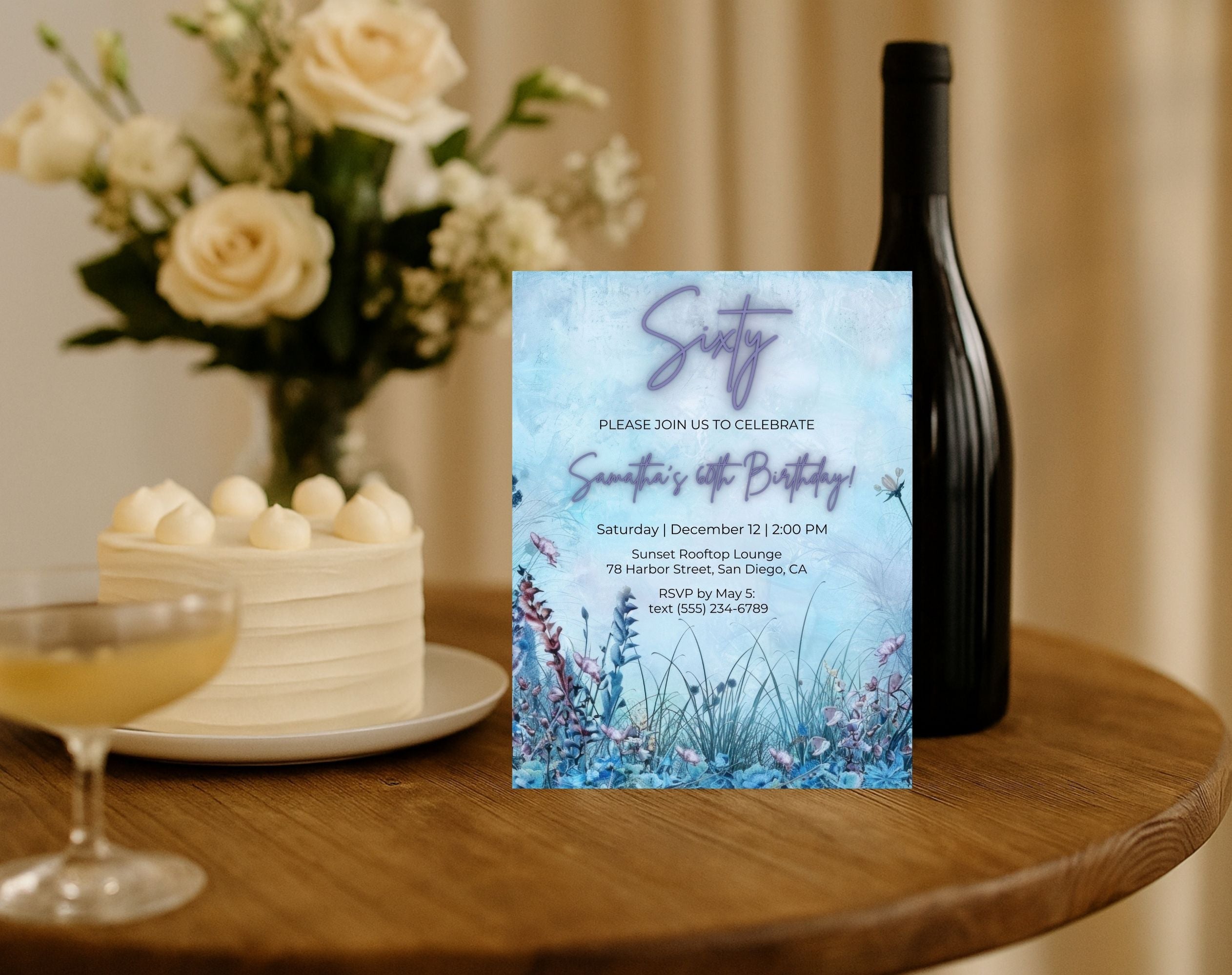 Blue Floral Elegant 60th Birthday Invitation