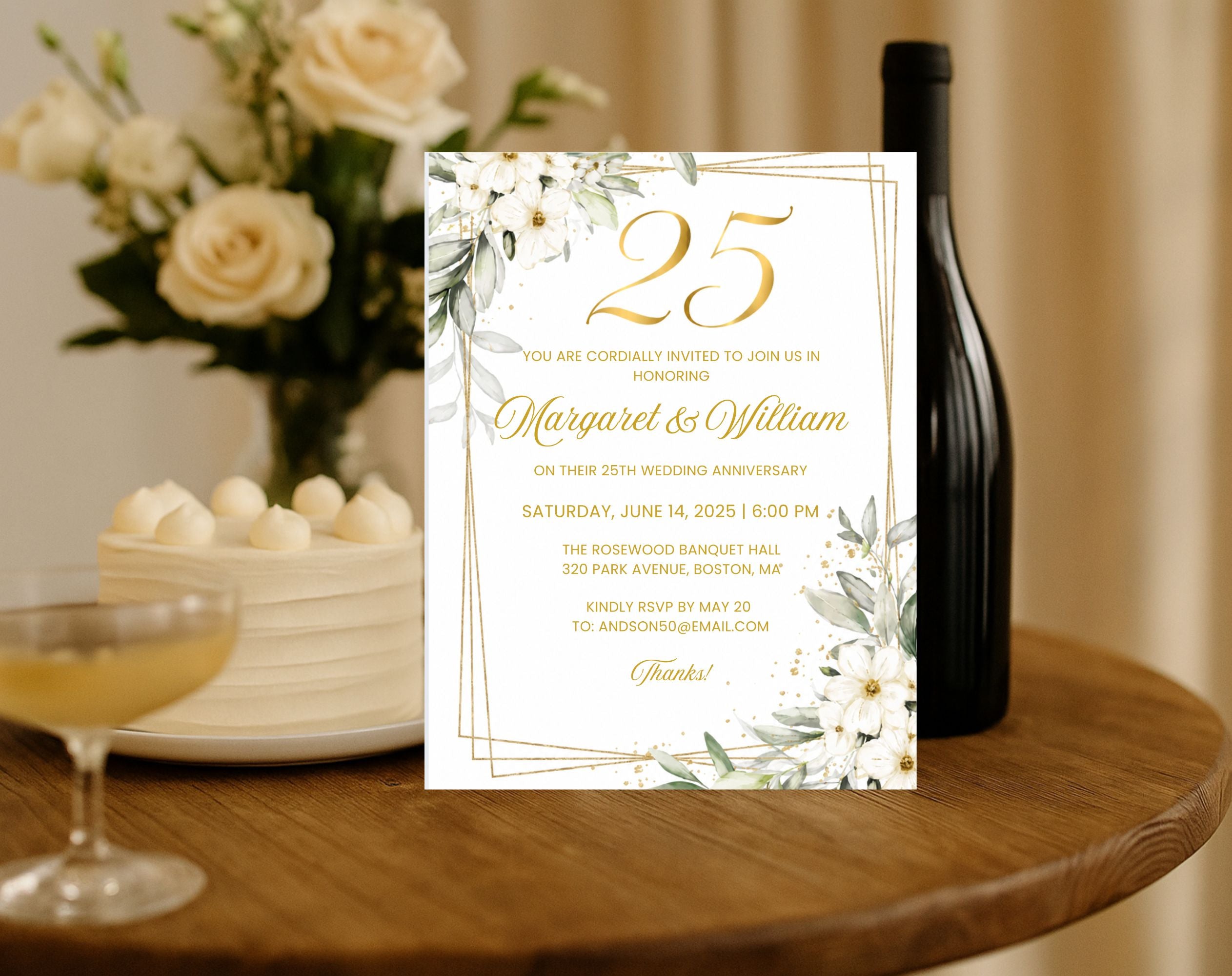 White Gold Floral 25th Wedding Anniversary Invitation