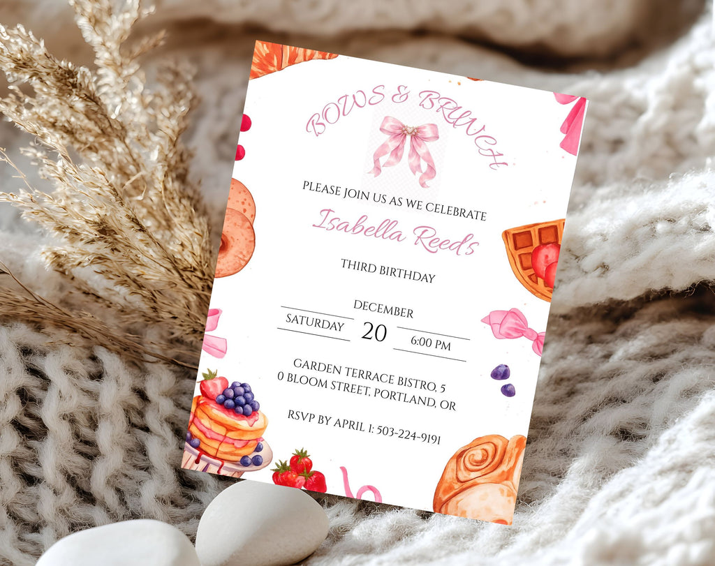 Pink Bows Brunch Birthday Invitation