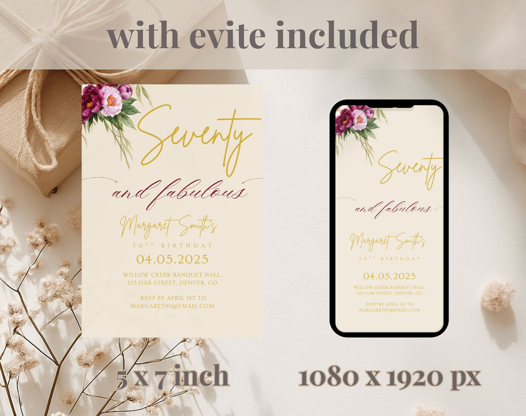 Beige Floral Elegant 70th Birthday Invitation