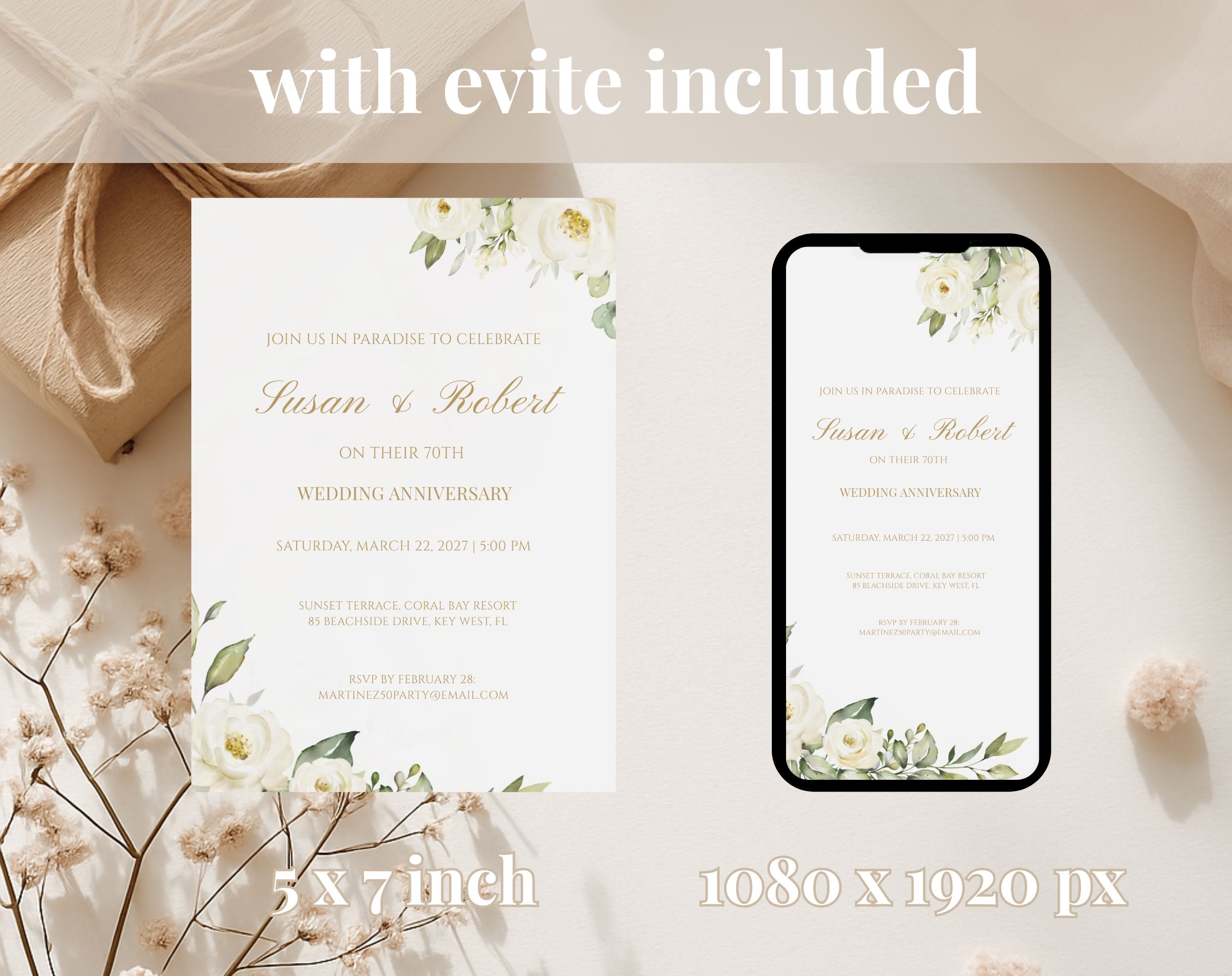 White Gold Floral 70th Wedding Anniversary