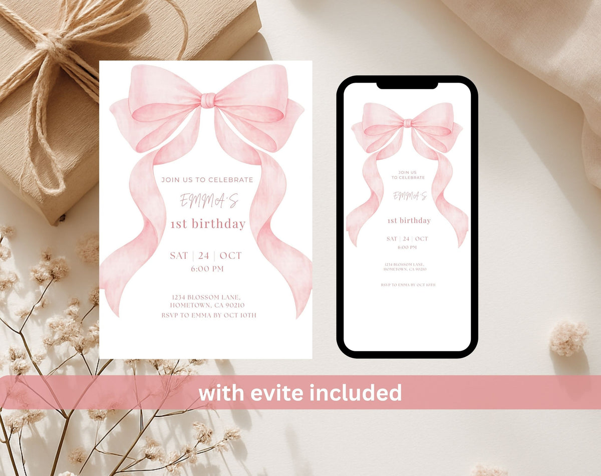 Pink Bow First Birthday Invitation