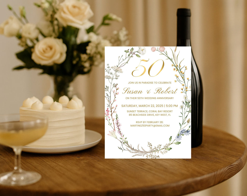 White Floral 50th Anniversary Invitation