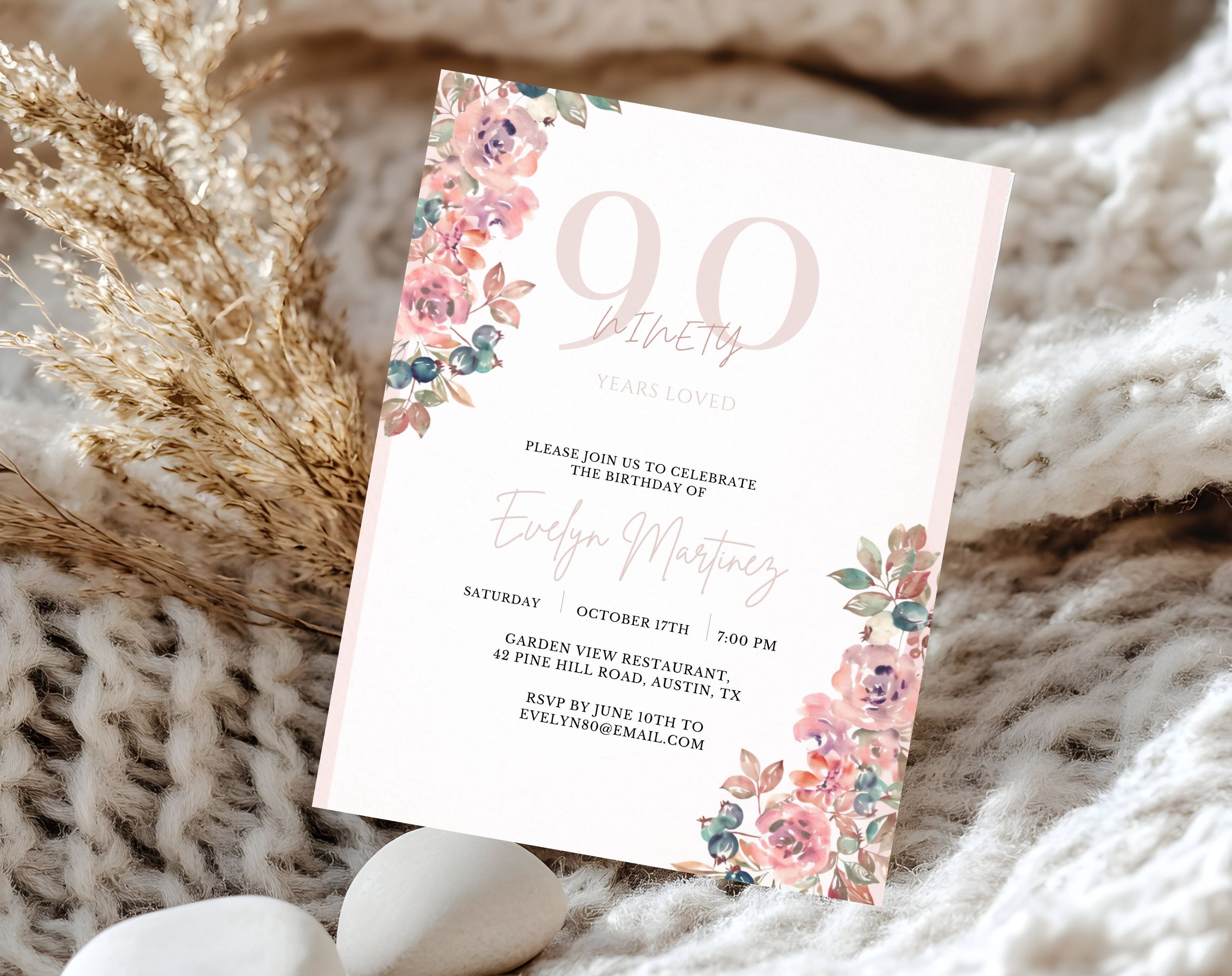 Blush Pink Floral 90th Birthday Invitation