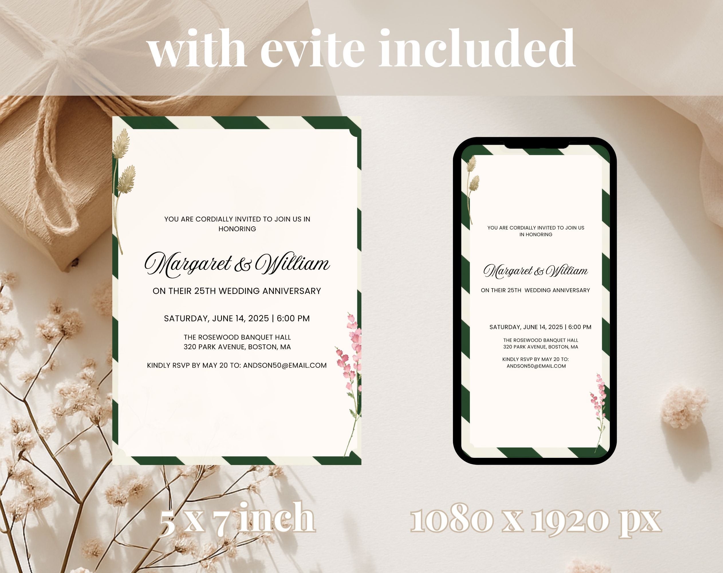 Elegant Green White 25th Anniversary Invitation