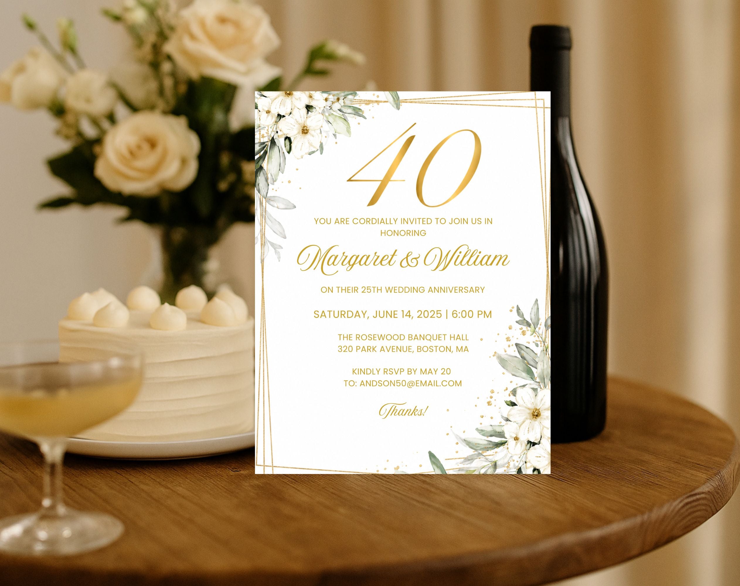 White Gold Floral 40th Wedding Anniversary Invitation