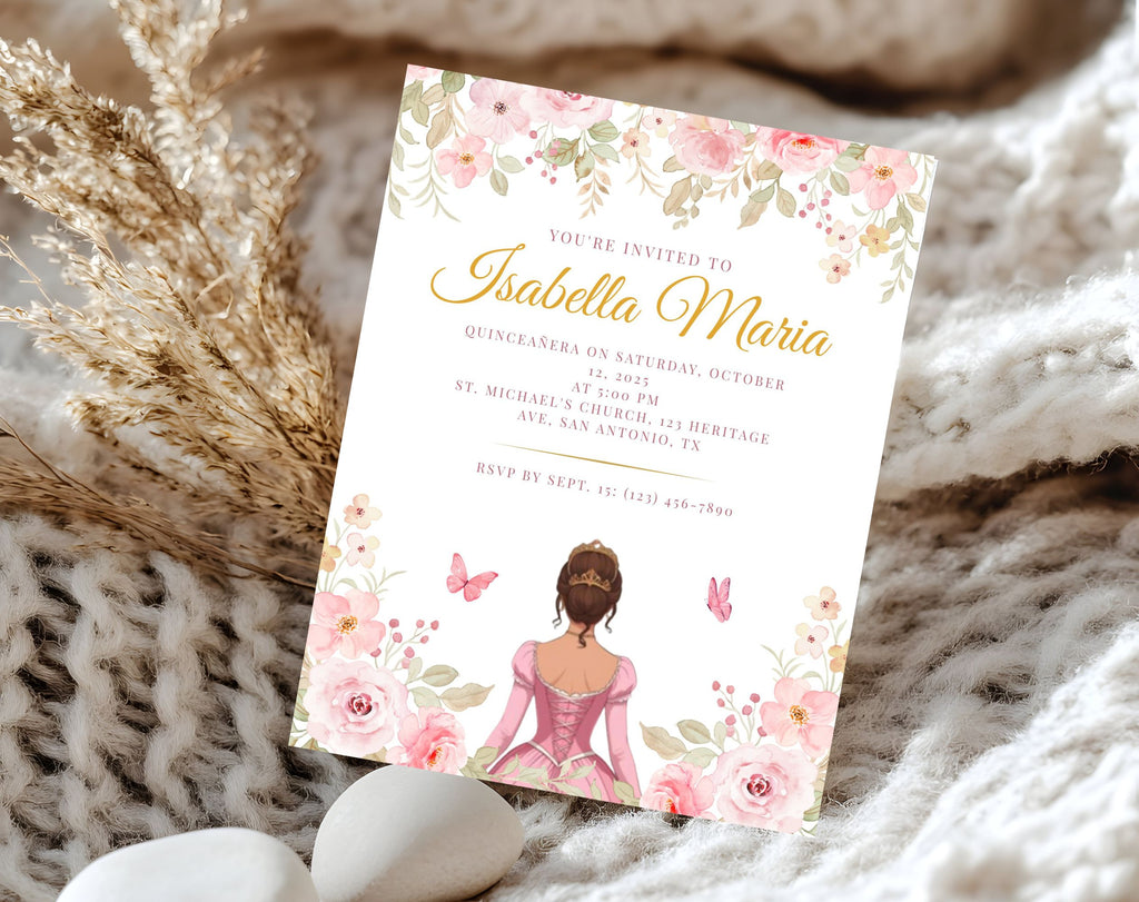 Pink and Gold Quinceañera Sweet 15 Birthday Invitation