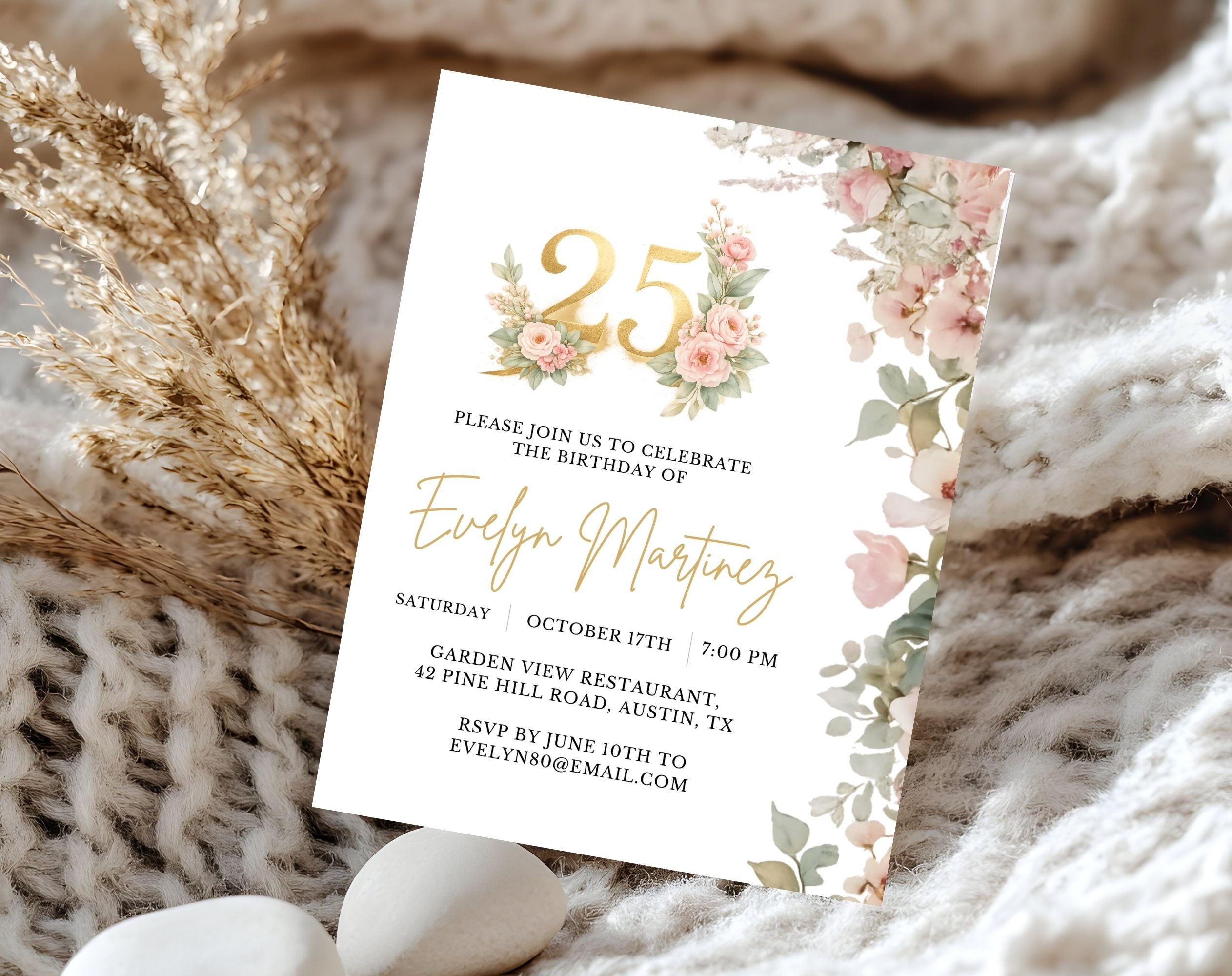 Elegant Floral 25th Birthday Invitation