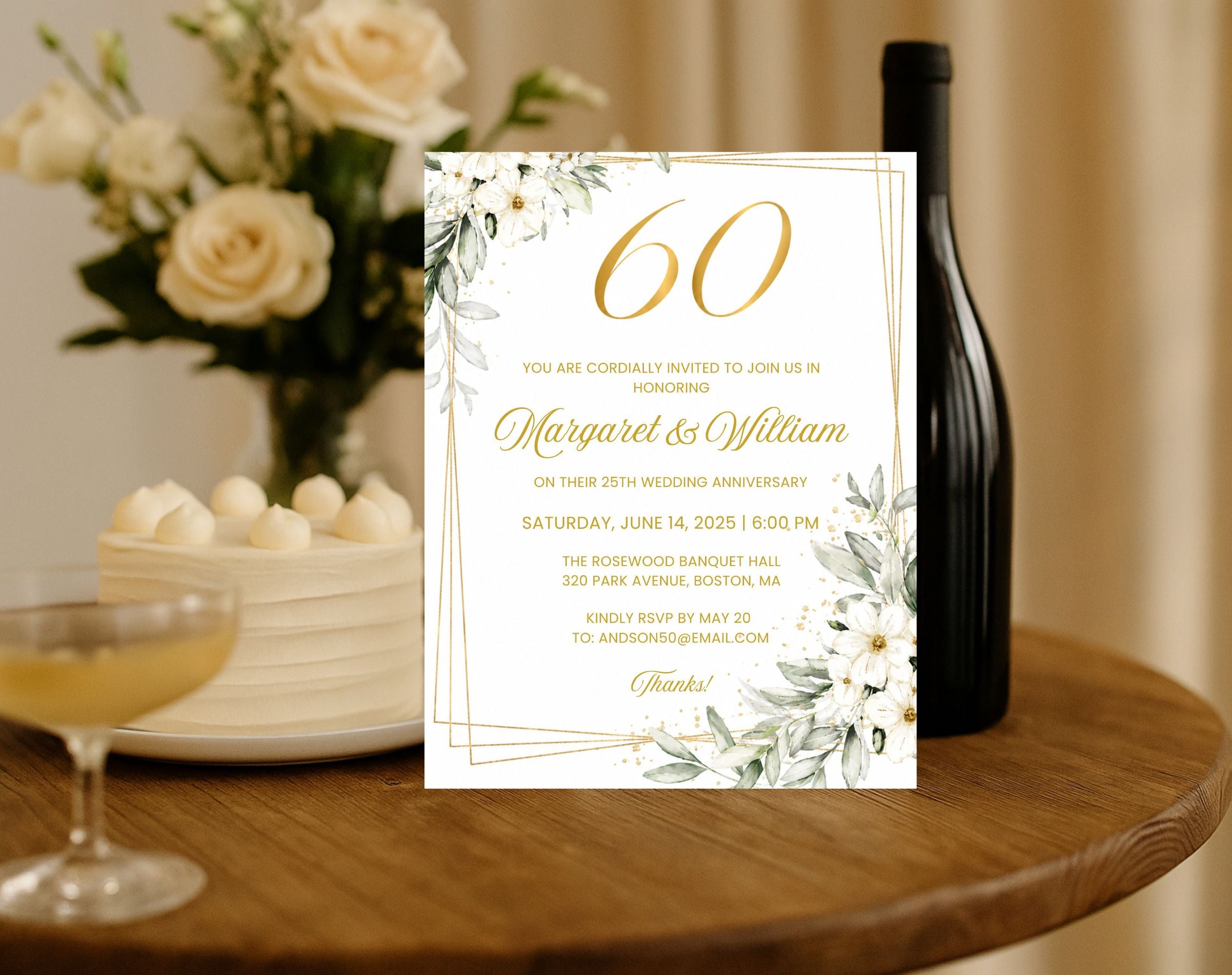 White Gold Floral 60th Wedding Anniversary Invitation