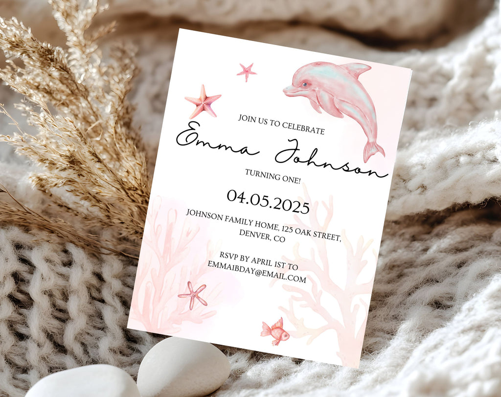Pink Ocean first Birthday Invitation