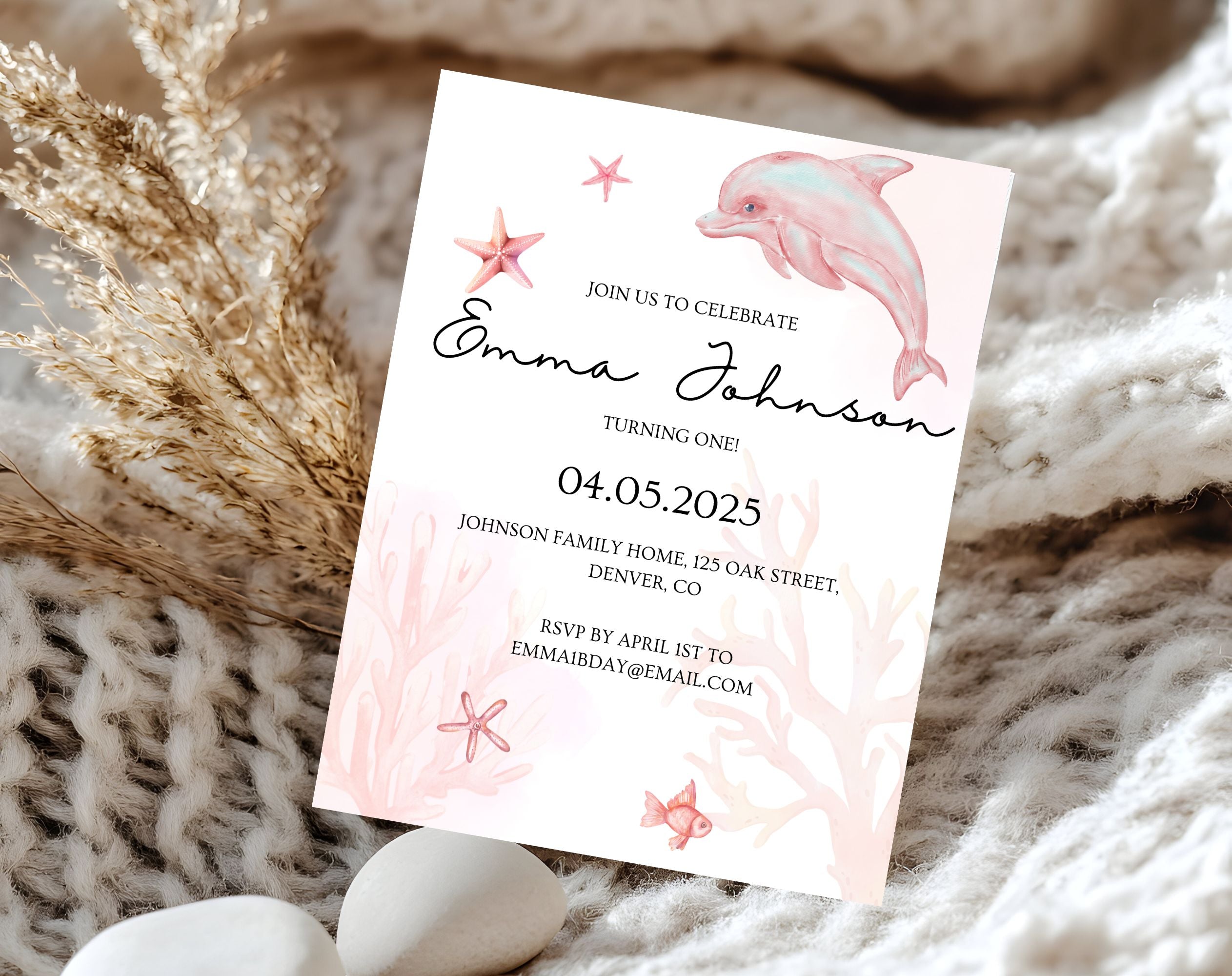 Pink Ocean first Birthday Invitation