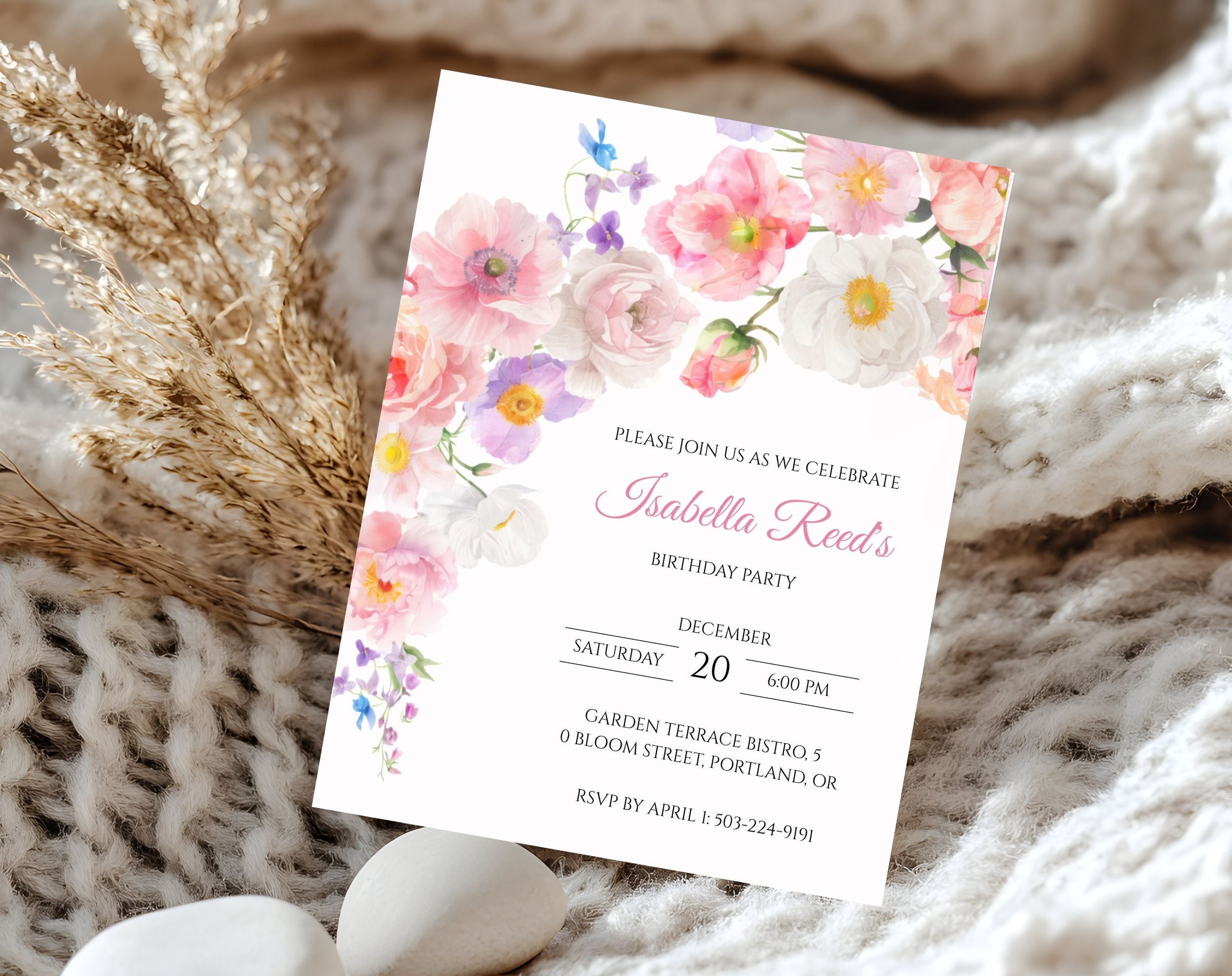 Elegant Pink Flower Floral Birthday Invitation