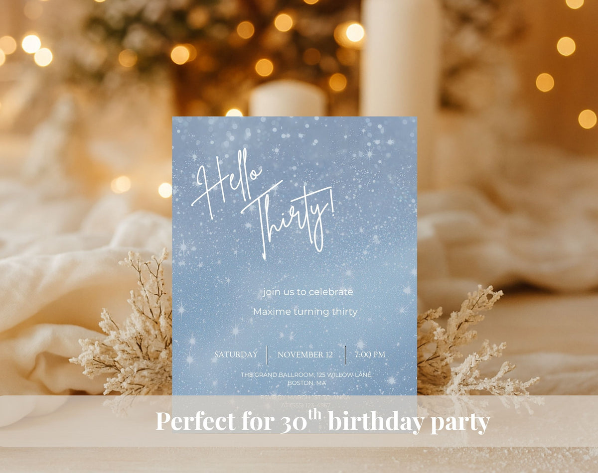 Hello Thirty Winter Blue 30th Birthday Invitation
