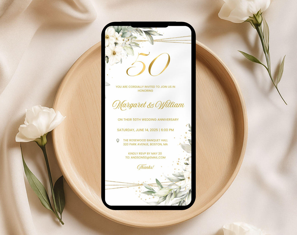 White Gold Floral 50th Wedding Anniversary Invitation