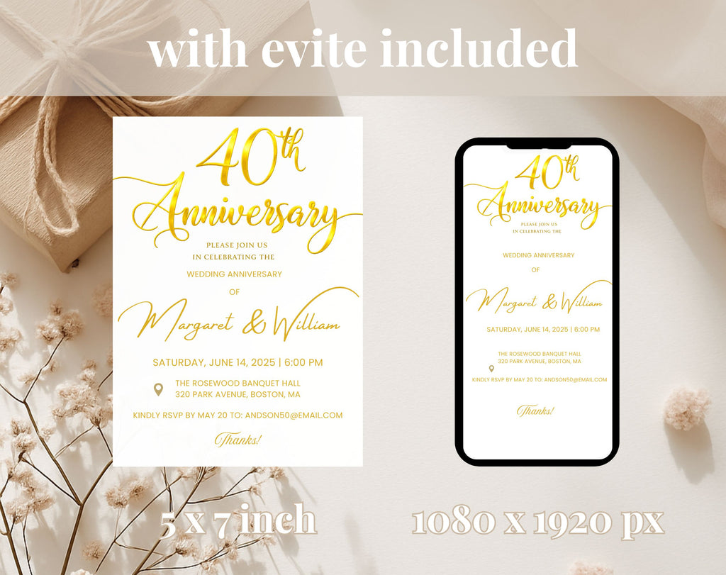 Golden 40th  Wedding Anniversary Invite White Gold