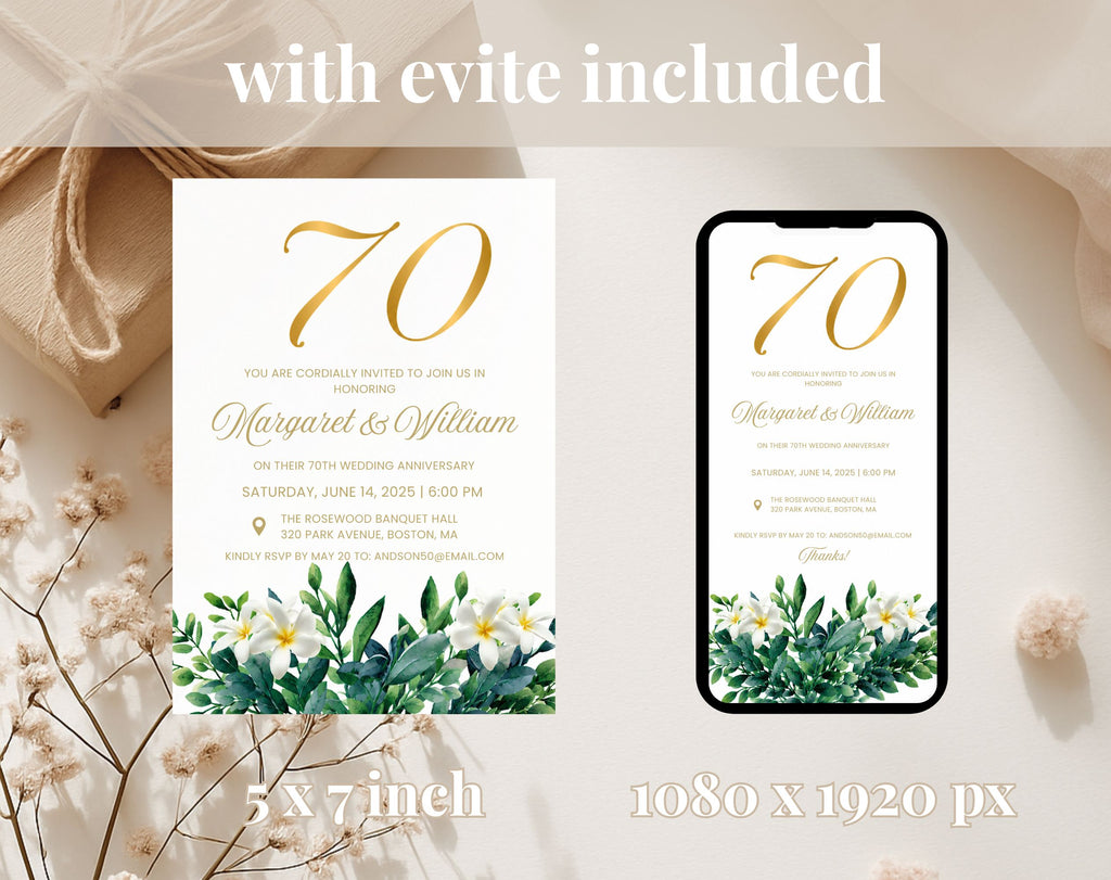 70th White Gold Wedding Anniversary Invitation