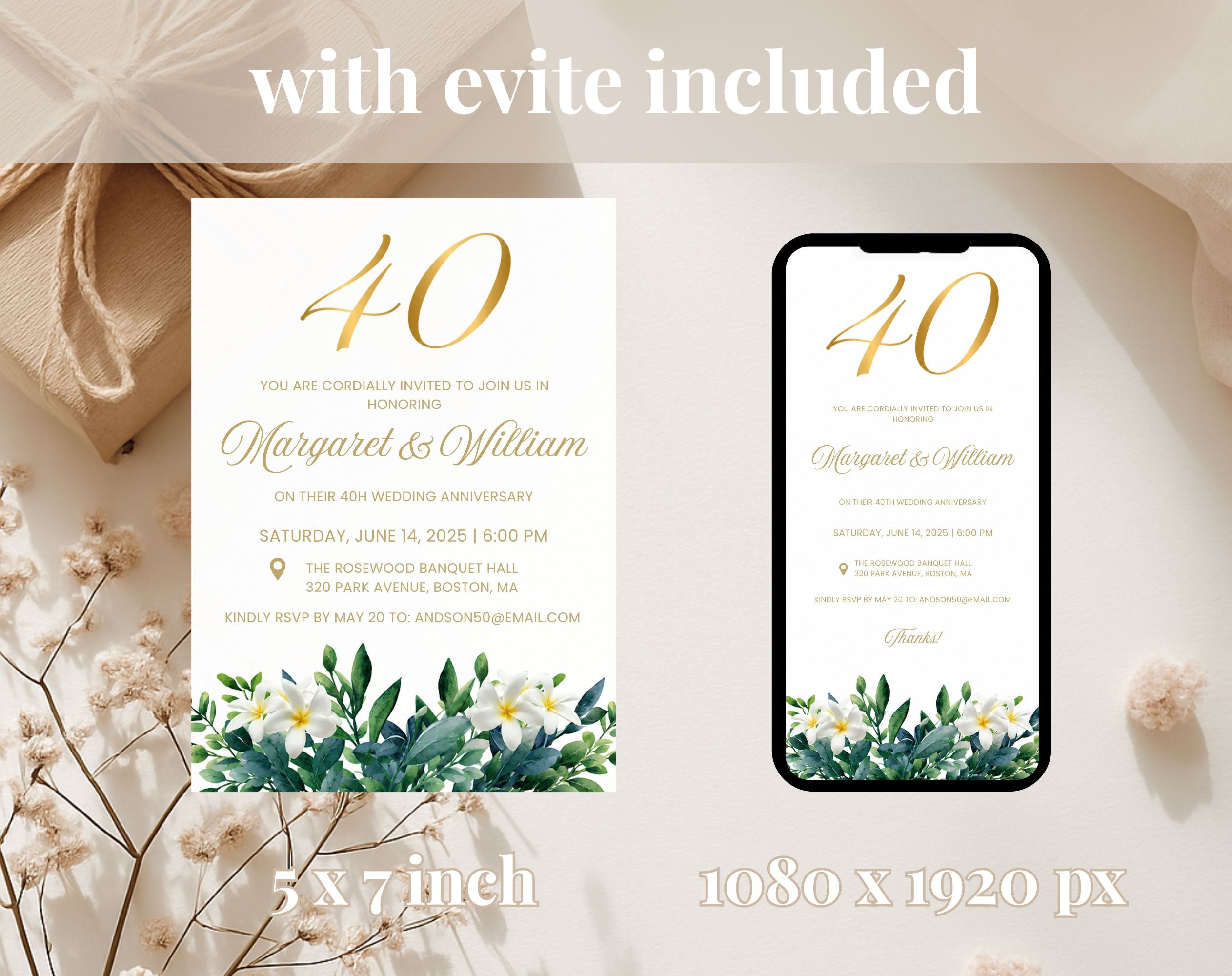 40th White Gold Wedding Anniversary Invitation