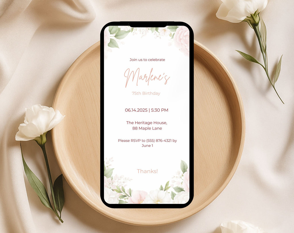 Blush Pink Floral 75th Birthday Invitation