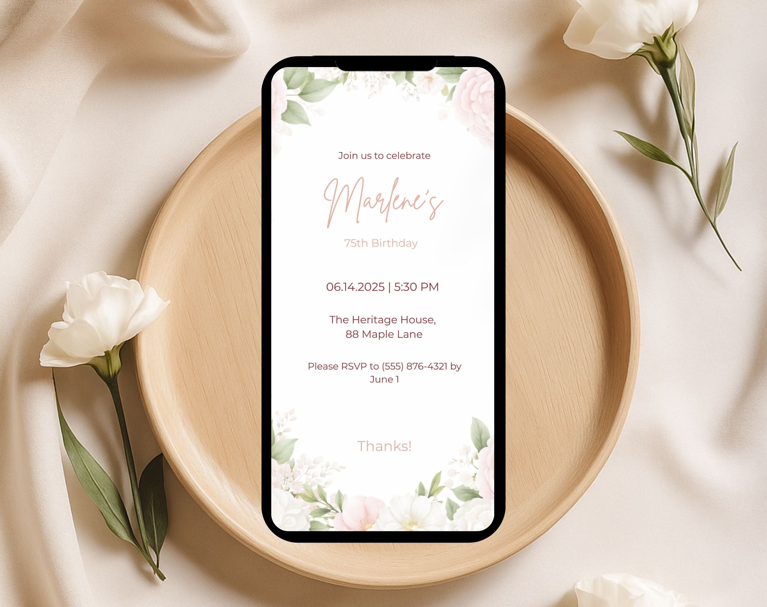 Blush Pink Floral 75th Birthday Invitation