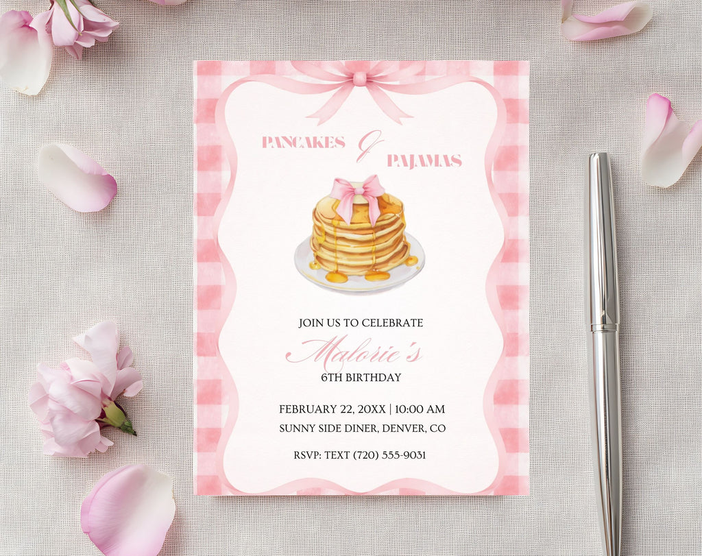 Pink Pancakes and Pajamas 6th Birthday Invitation